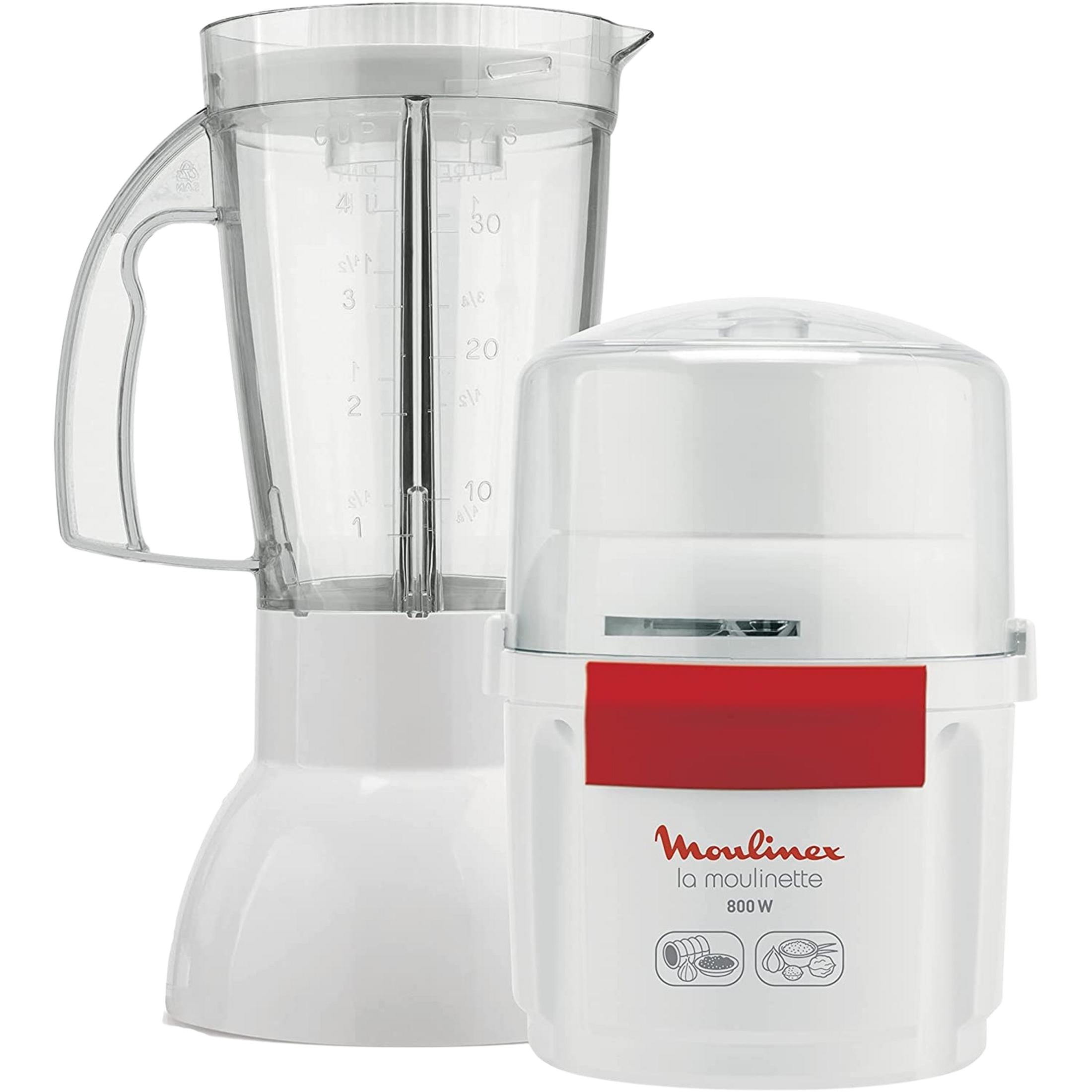 Frullatore bianco con caraffa trasparente e tritatutto bianco con dettaglio rosso.