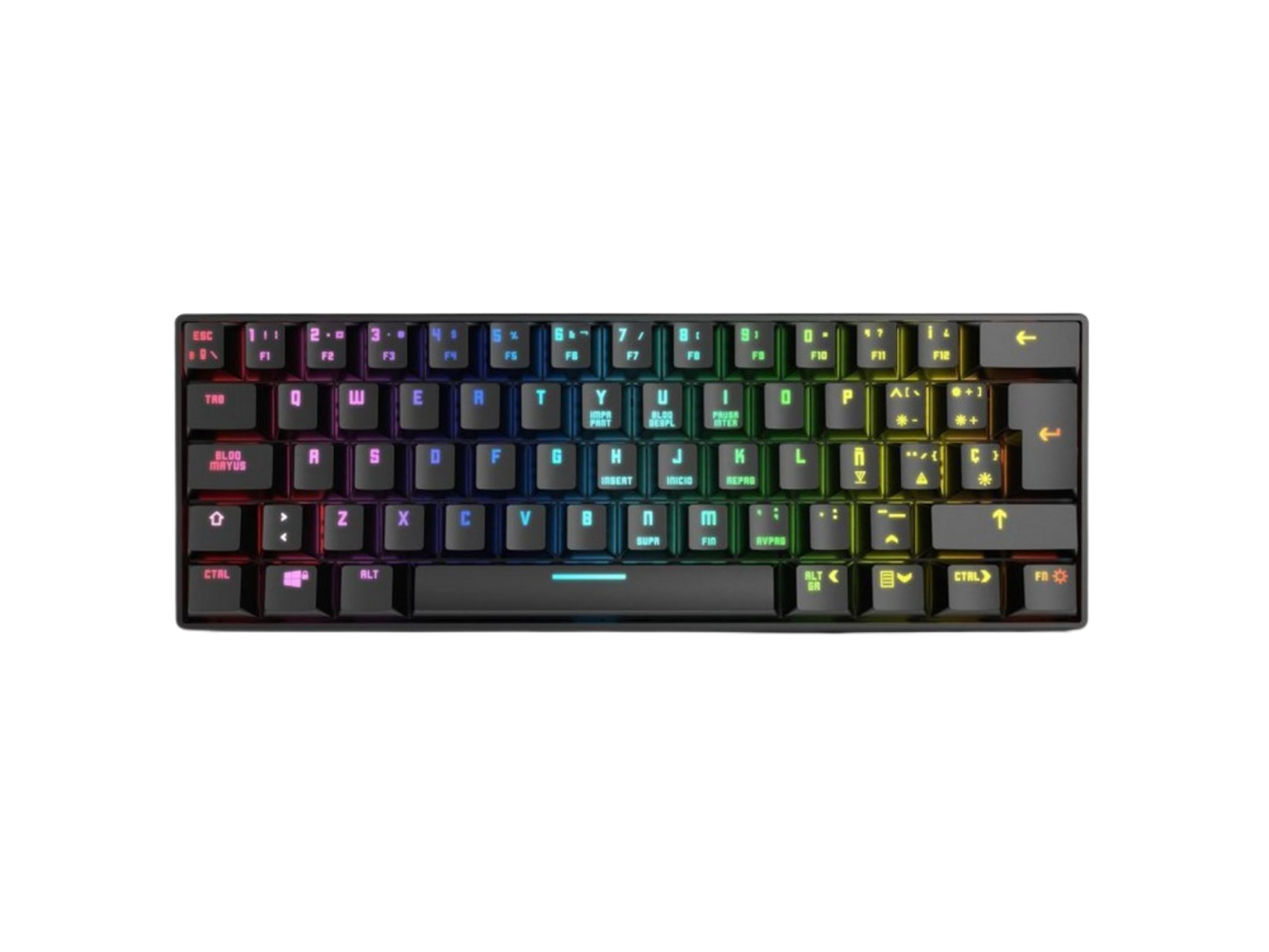 Una tastiera nera con retroilluminazione RGB colorata dei tasti, vista dall'alto.