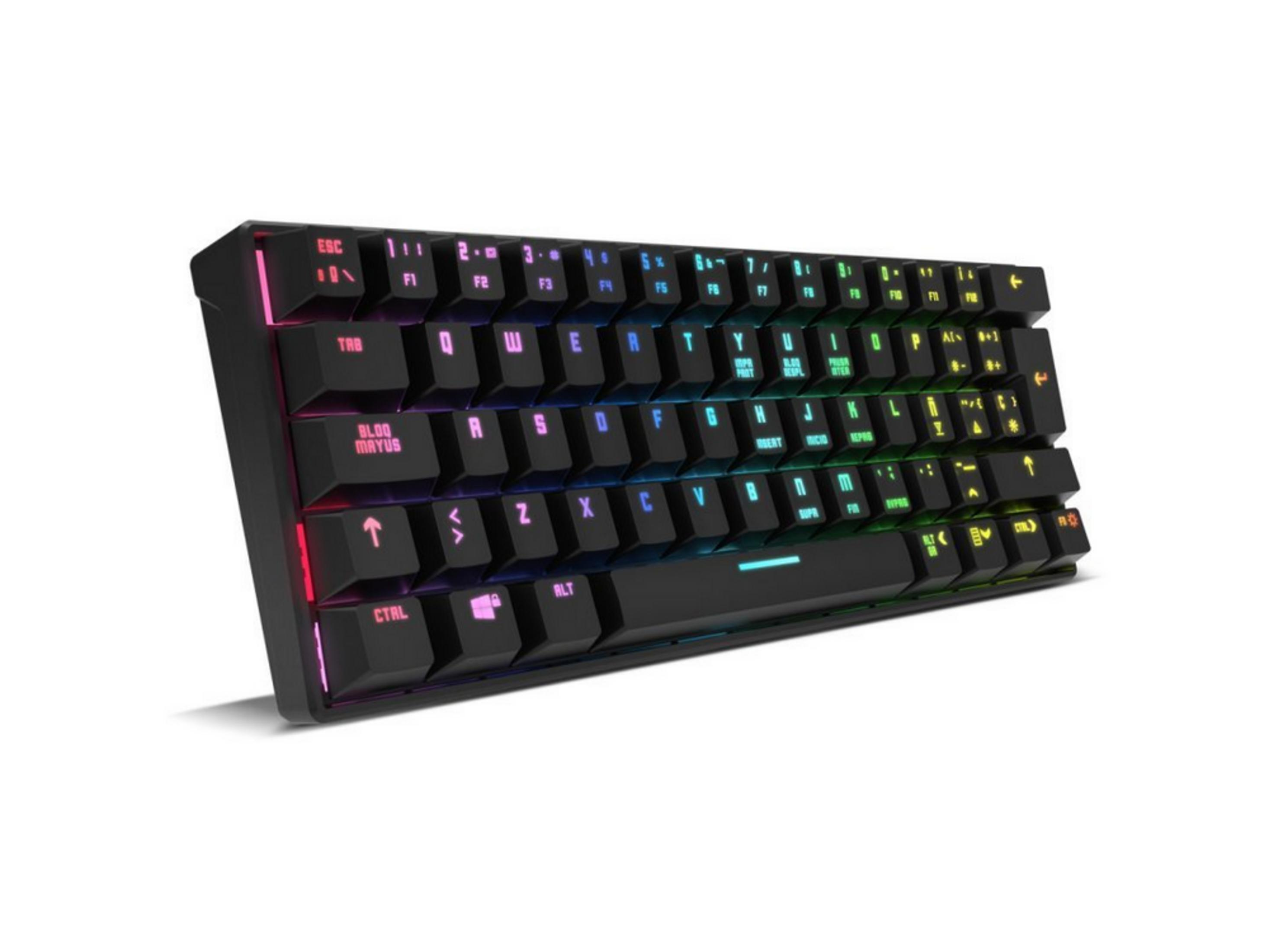 Una tastiera nera con tasti RGB colorati e sfondo bianco.