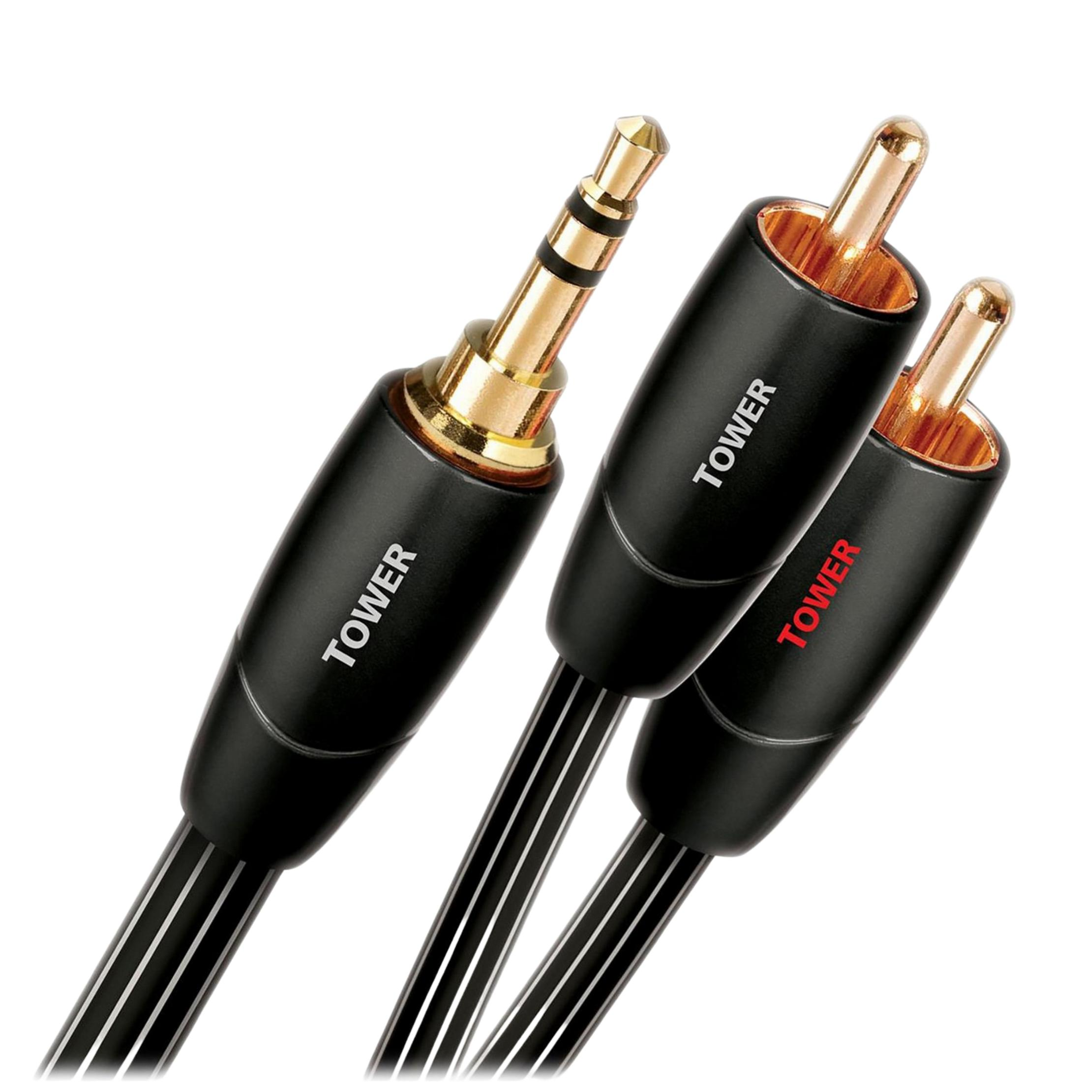 Un cable de audio negro con conector jack de 3,5 mm y RCA.