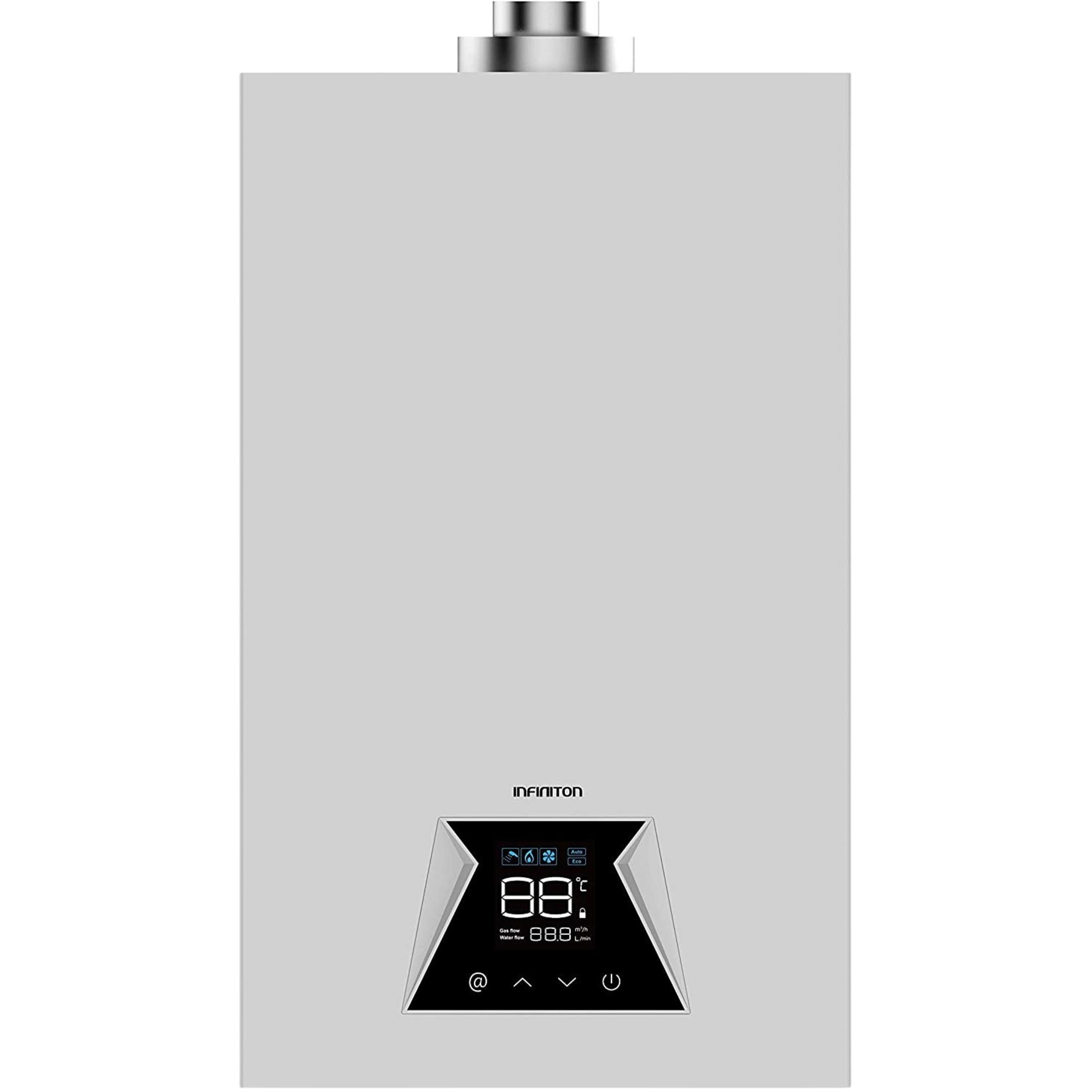 Un calentador de agua a gas blanco con pantalla digital e iconos.