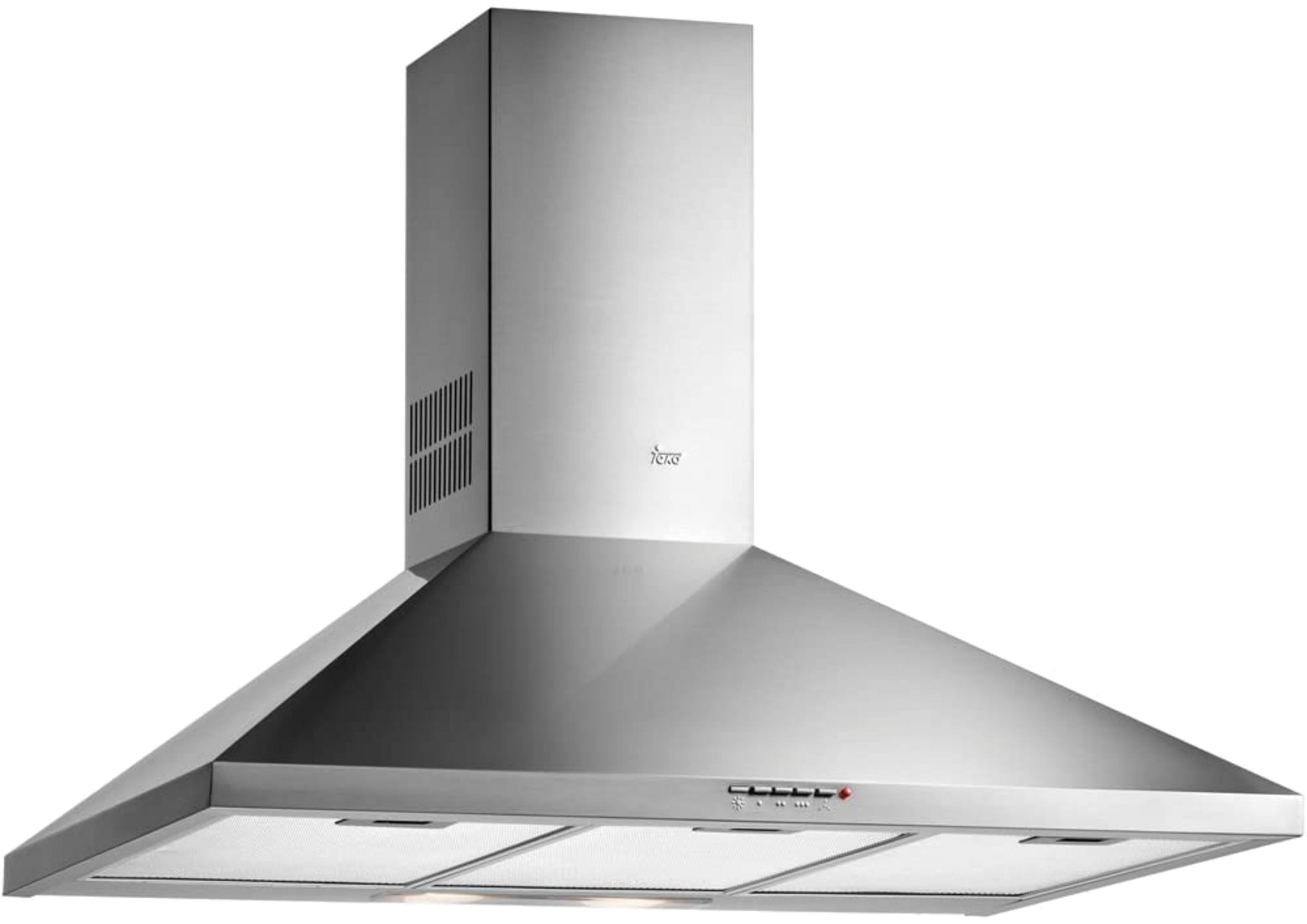 Una campana extractora de acero inoxidable con chimenea rectangular y panel de control.
