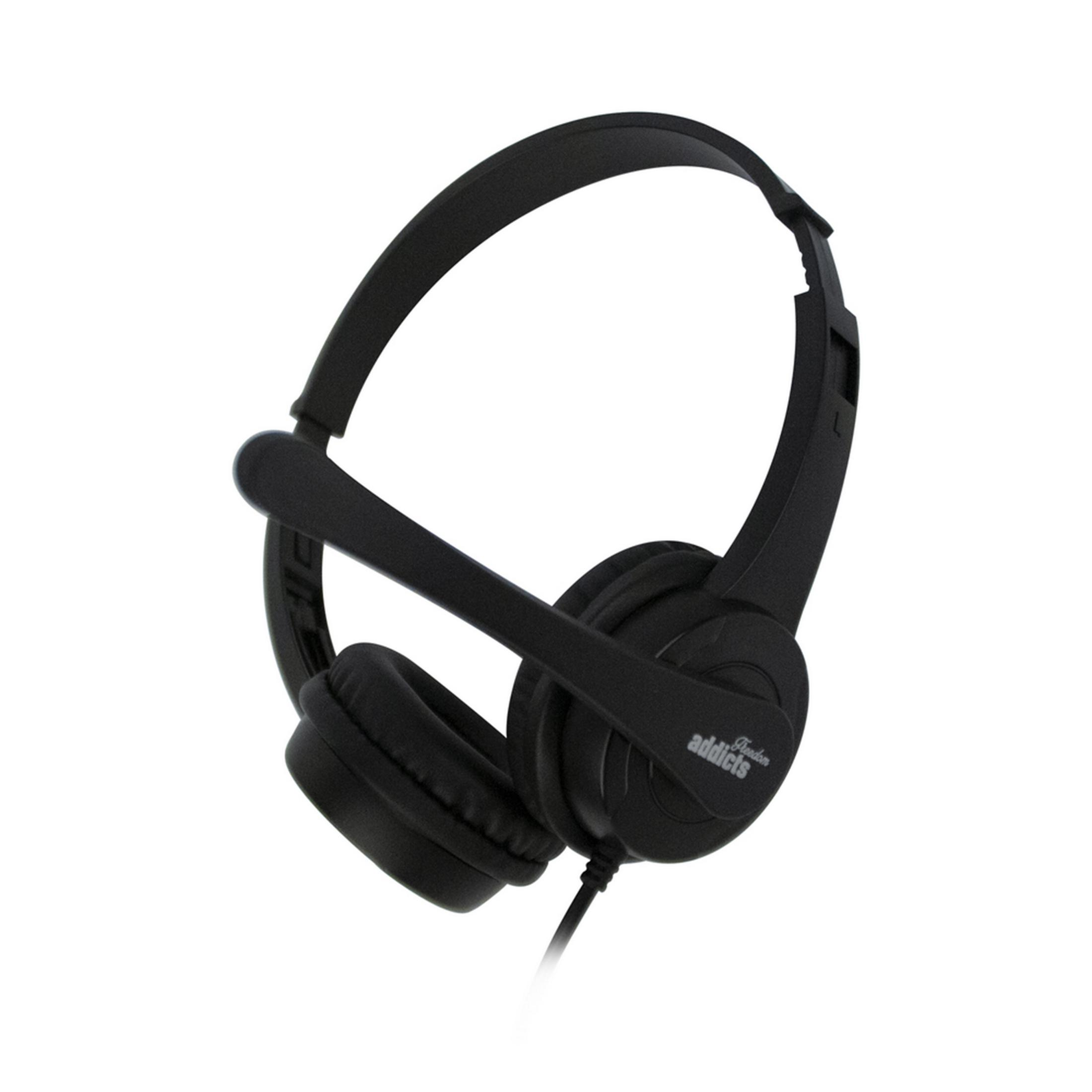 Un auricolare nero con microfono e padiglioni imbottiti è mostrato su sfondo bianco.
