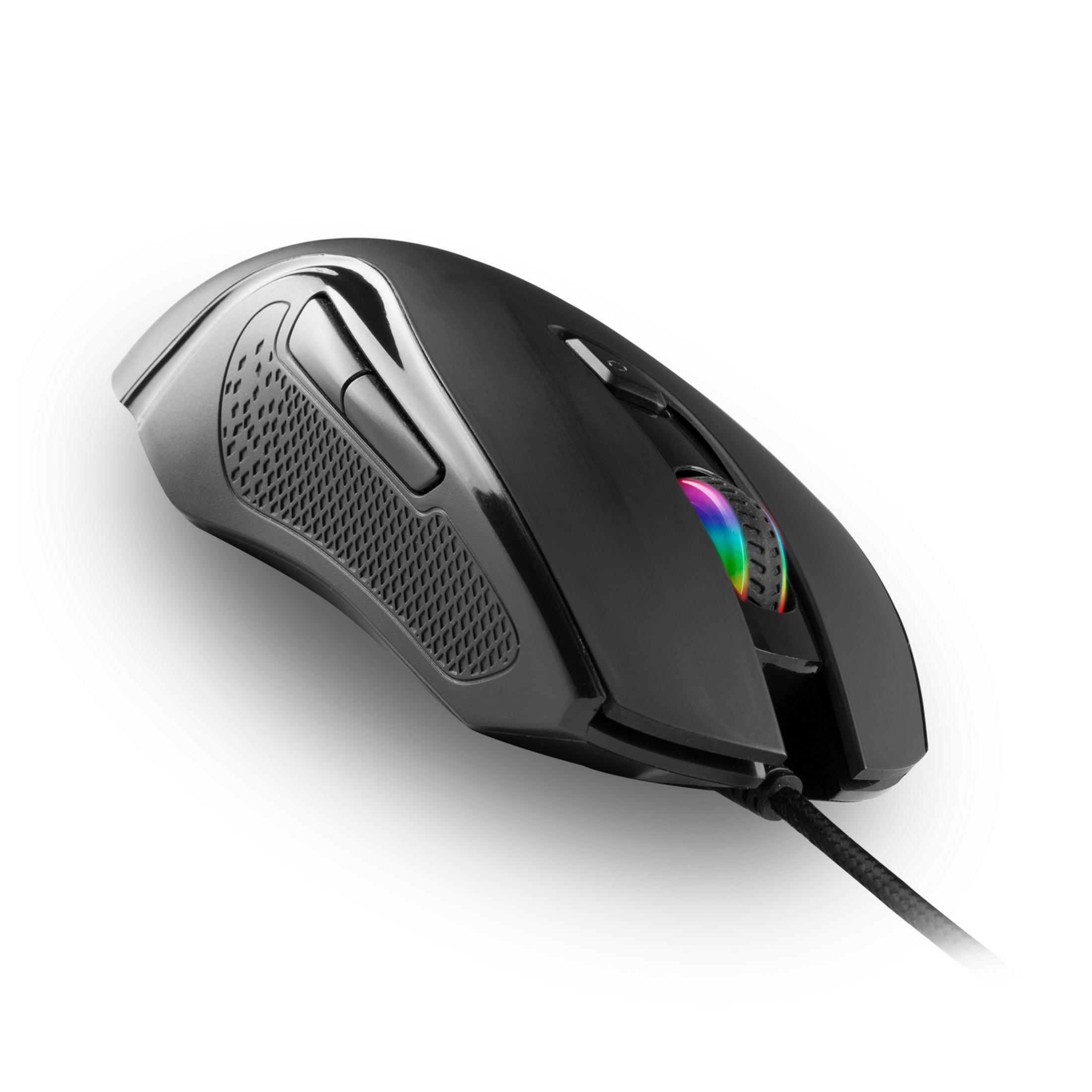 Black gaming mouse with RGB lighting and textured sides.