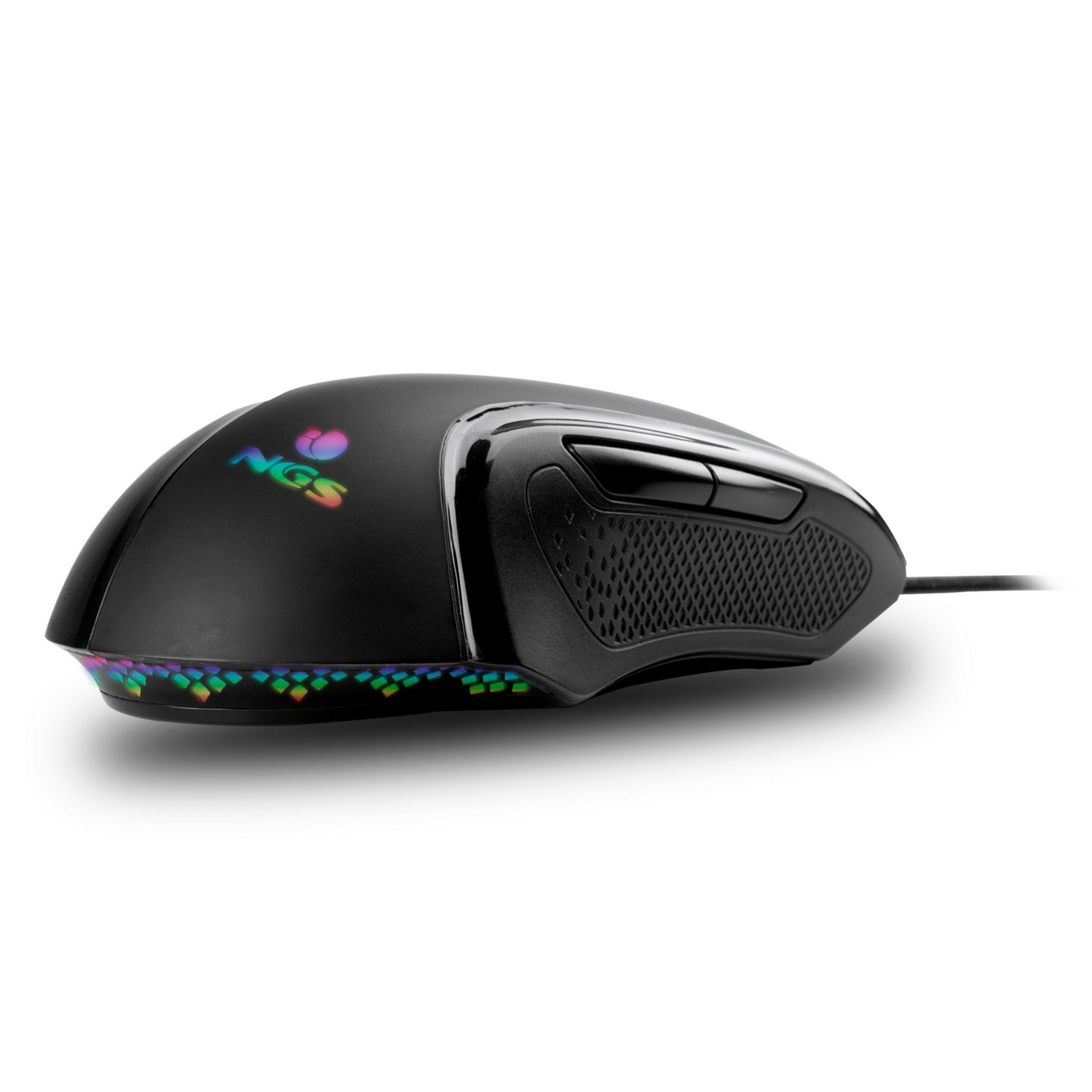 Black gaming mouse with RGB lighting and NGS logo.