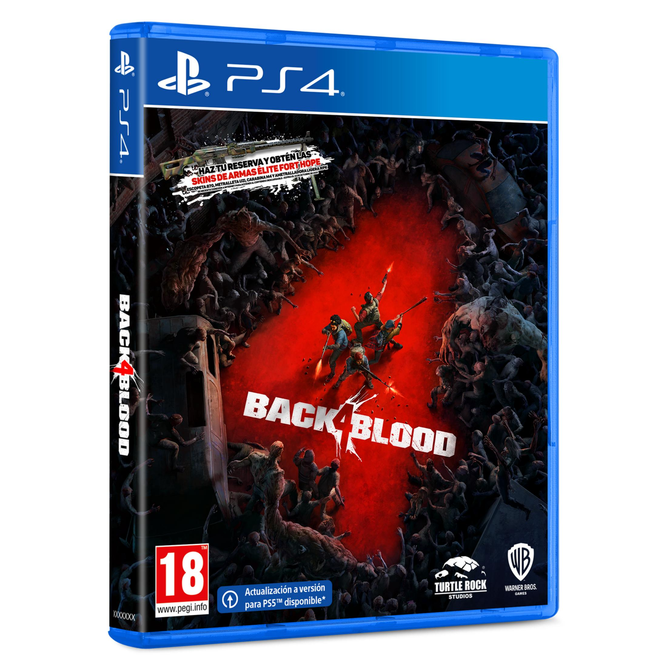 Caja de juego PS4 con cuatro supervivientes luchando contra zombis. Título: Back 4 Blood.
