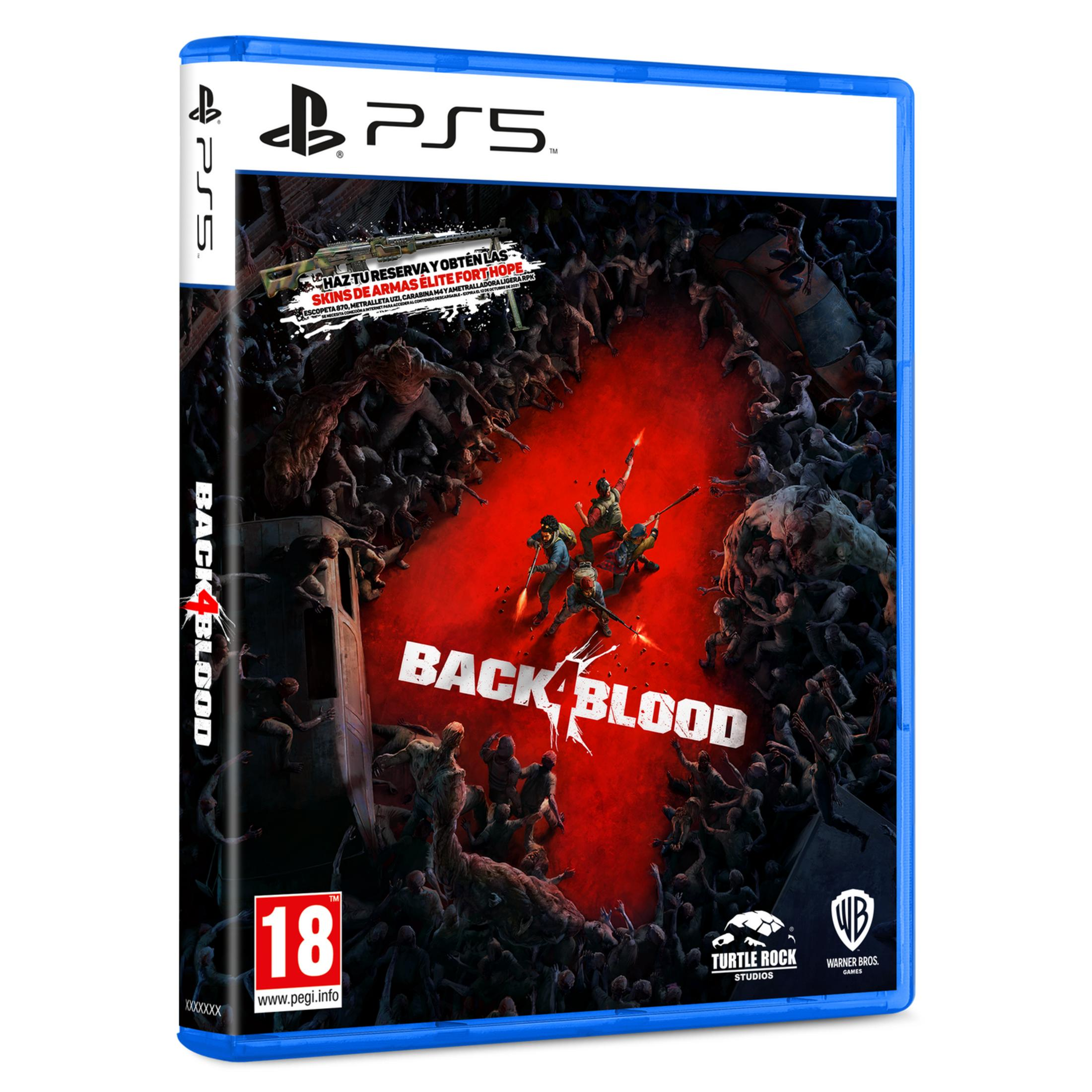 Juego PS5 "Back 4 Blood" en caja azul, muestra cuatro supervivientes luchando contra zombis.