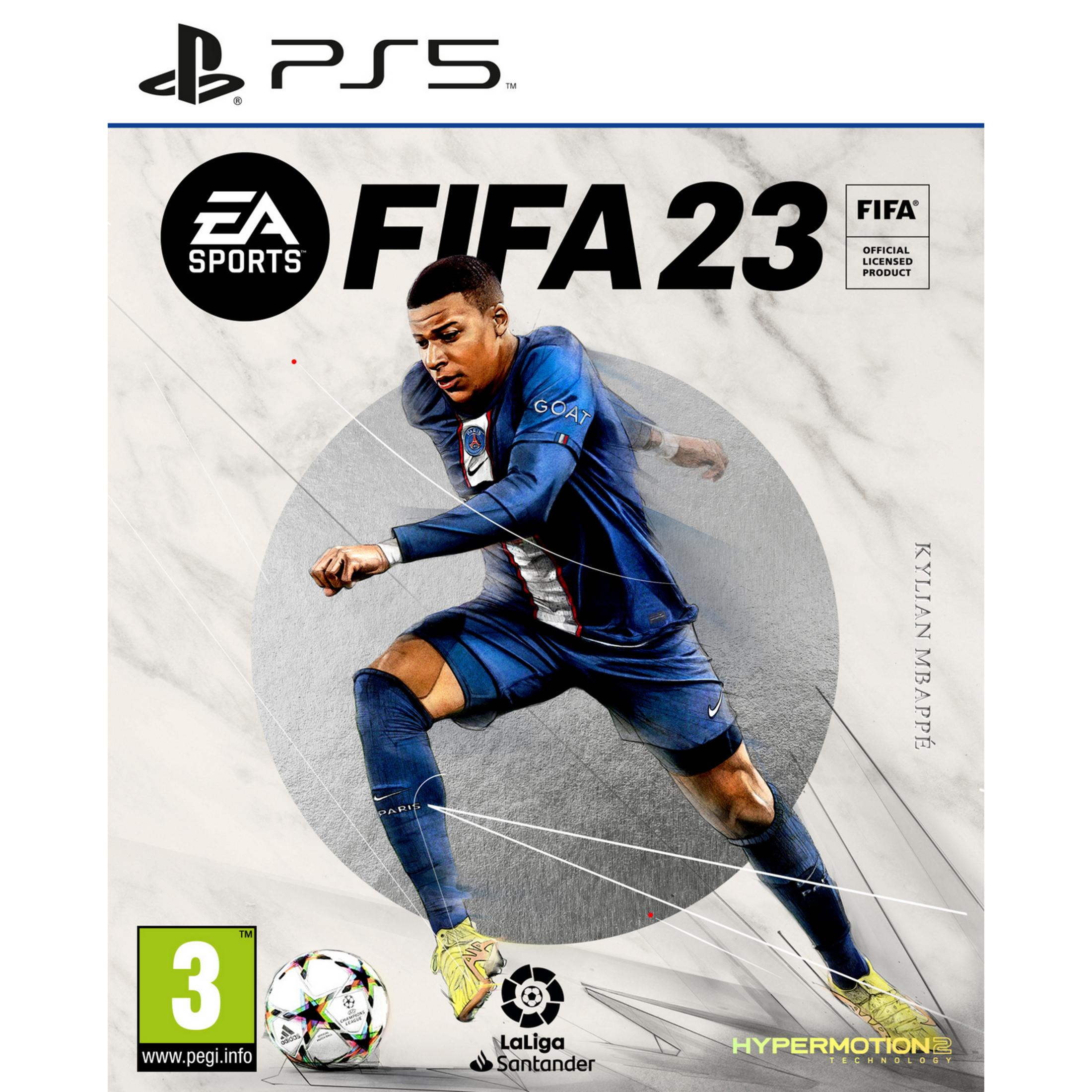 Copertina di FIFA 23 con Kylian Mbappé in azione, loghi EA Sports, FIFA, PS5, LaLiga, Champions League.
