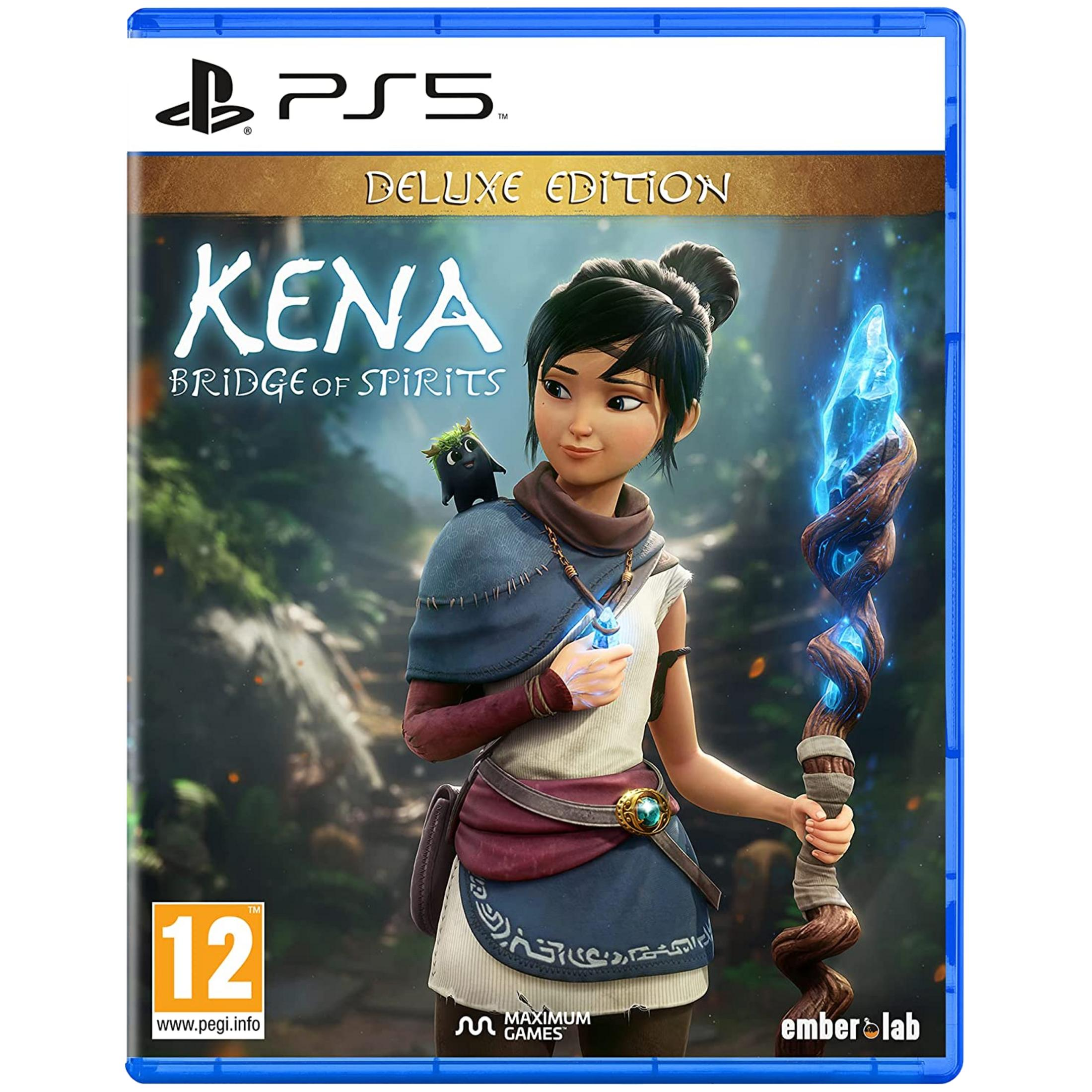 Copertina di Kena: Bridge of Spirits Deluxe Edition per PS5, con Kena e uno spirito.