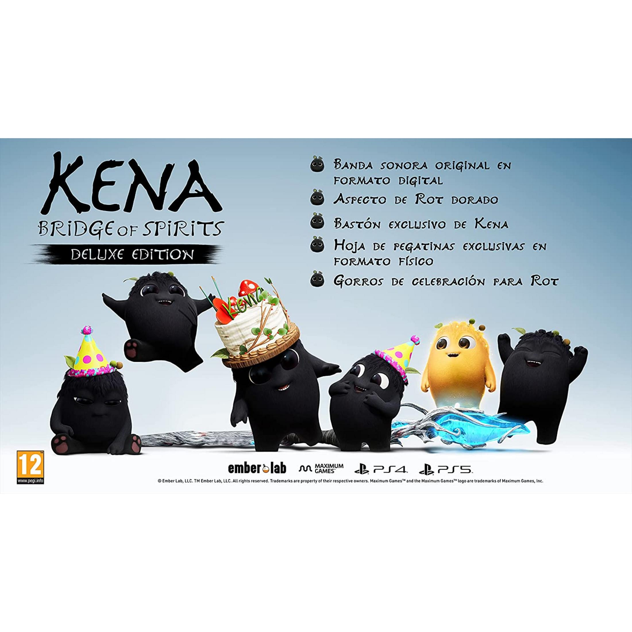 Kena: Bridge of Spirits Deluxe Edition con creature nere e gialle, loghi del gioco e testo.