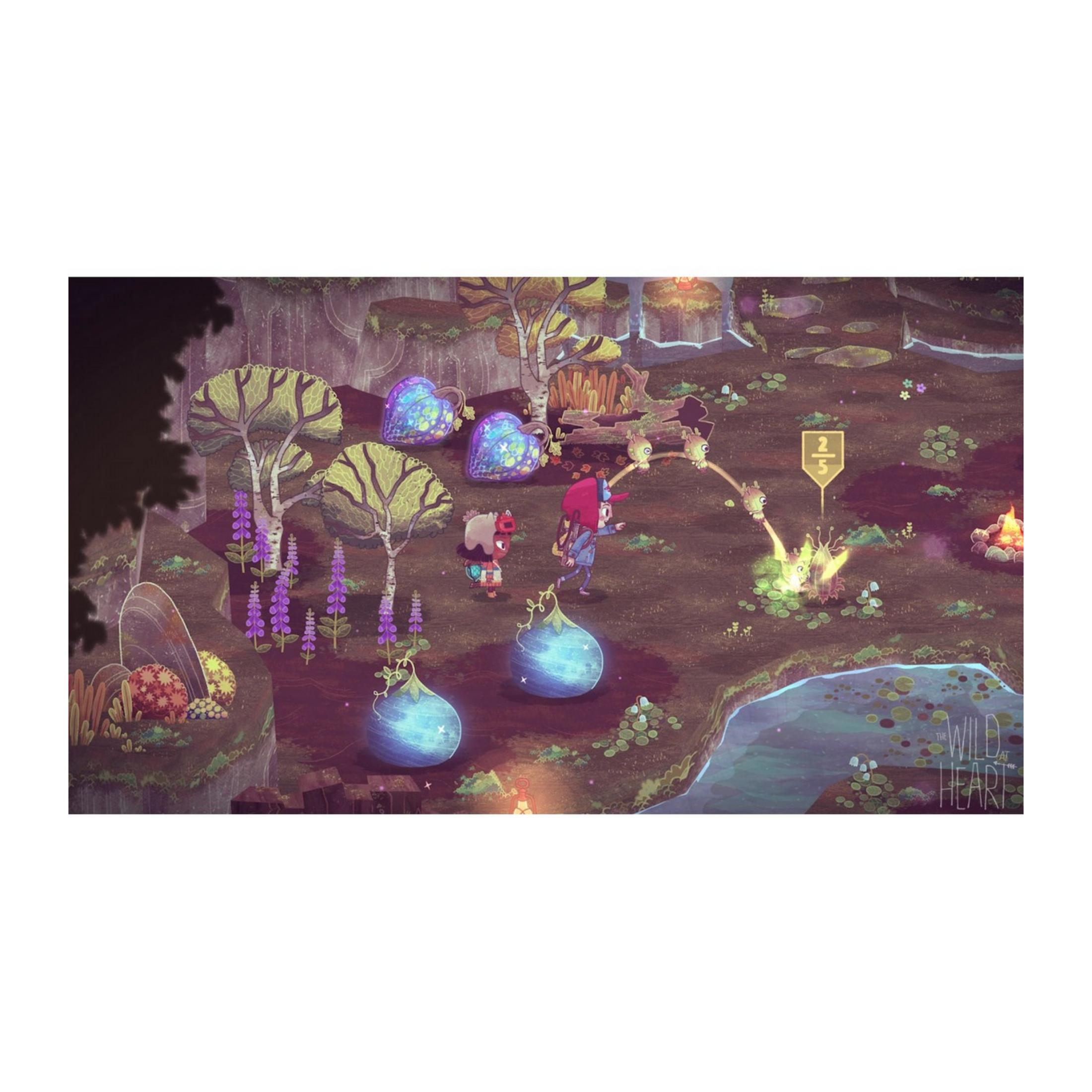 Due bambini esplorano un magico paesaggio forestale con piante e creature luminose.