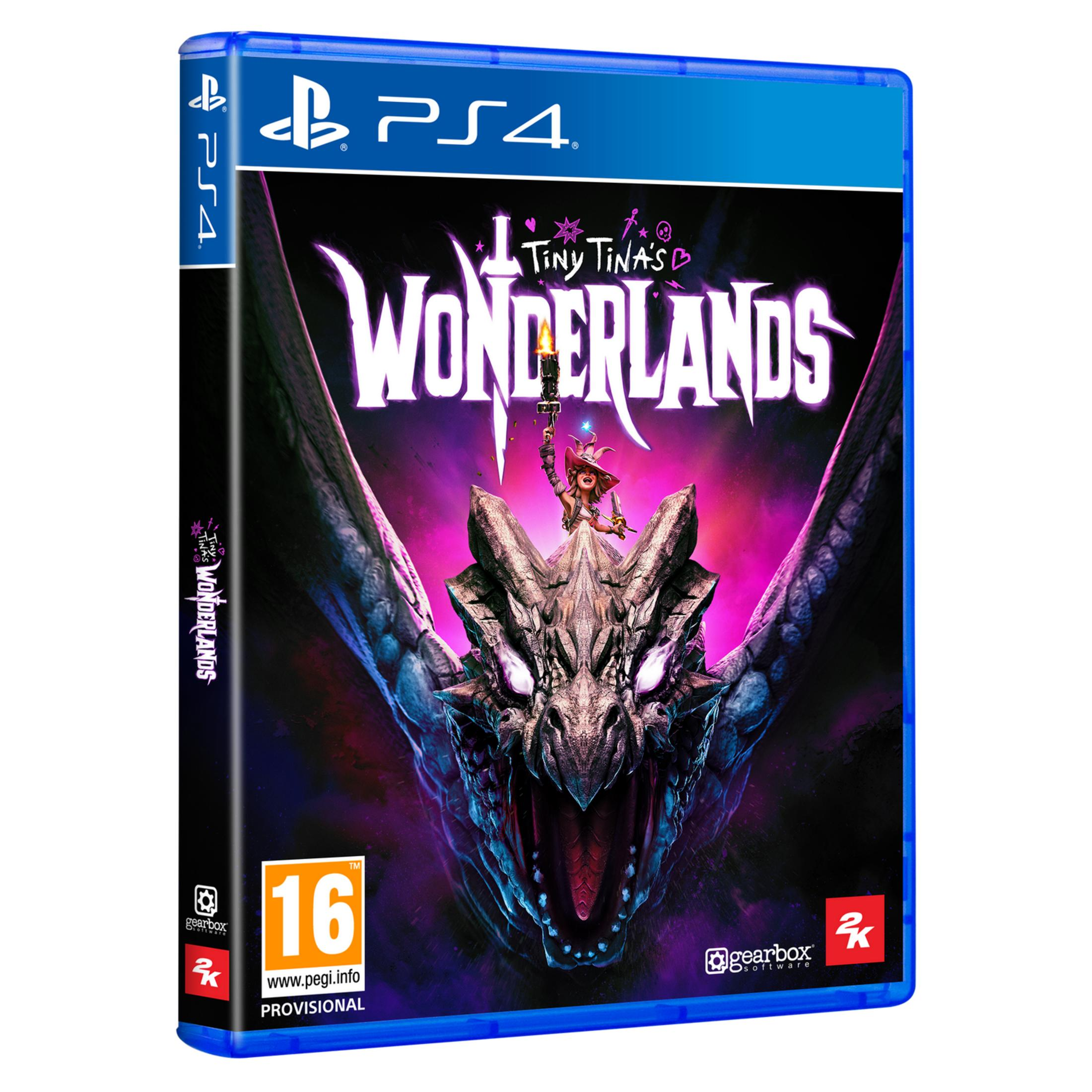 Caja de juego PS4: Tiny Tina's Wonderlands con un dragón y una niña.