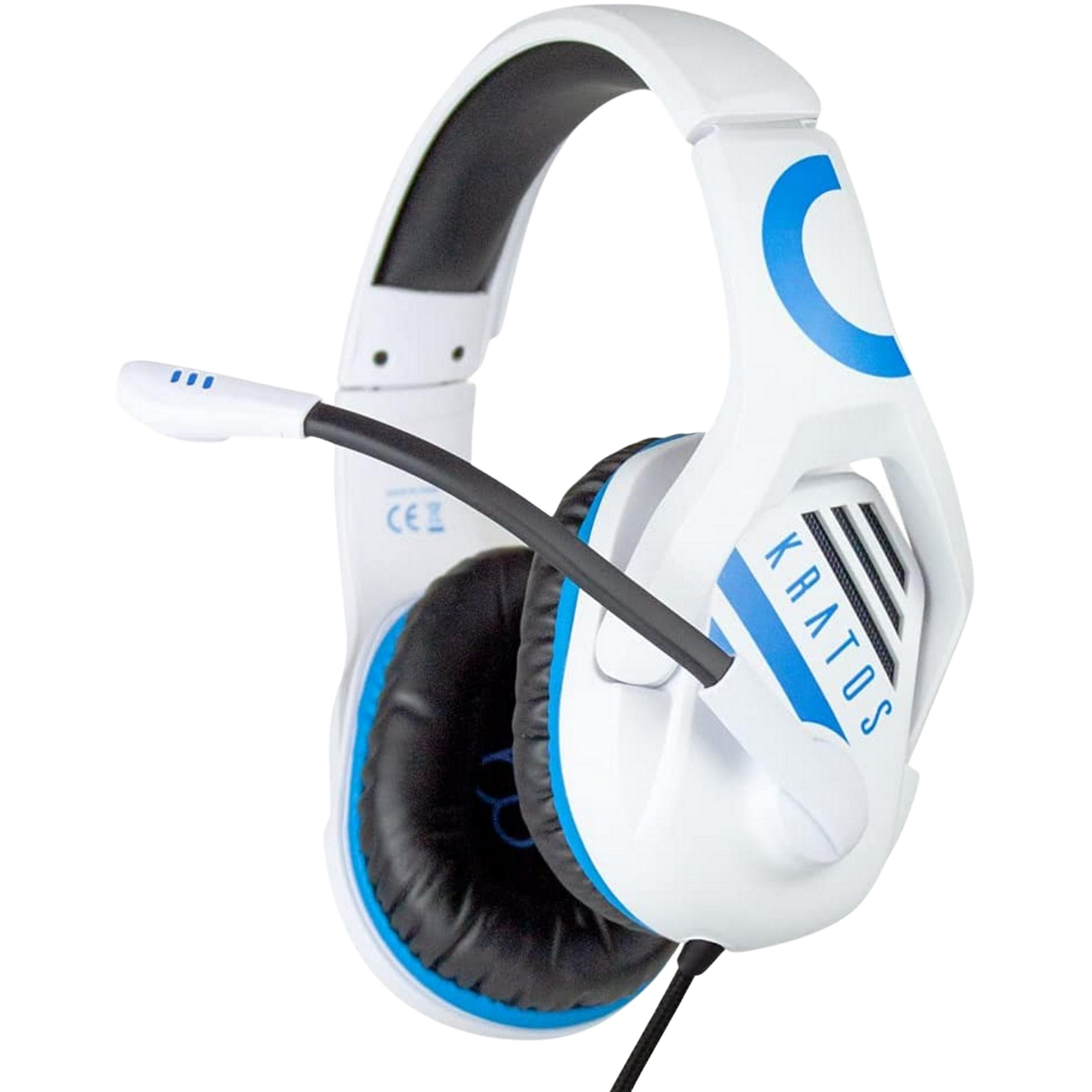 Cuffie bianche con accenti blu e microfono. Marca KRATOS.