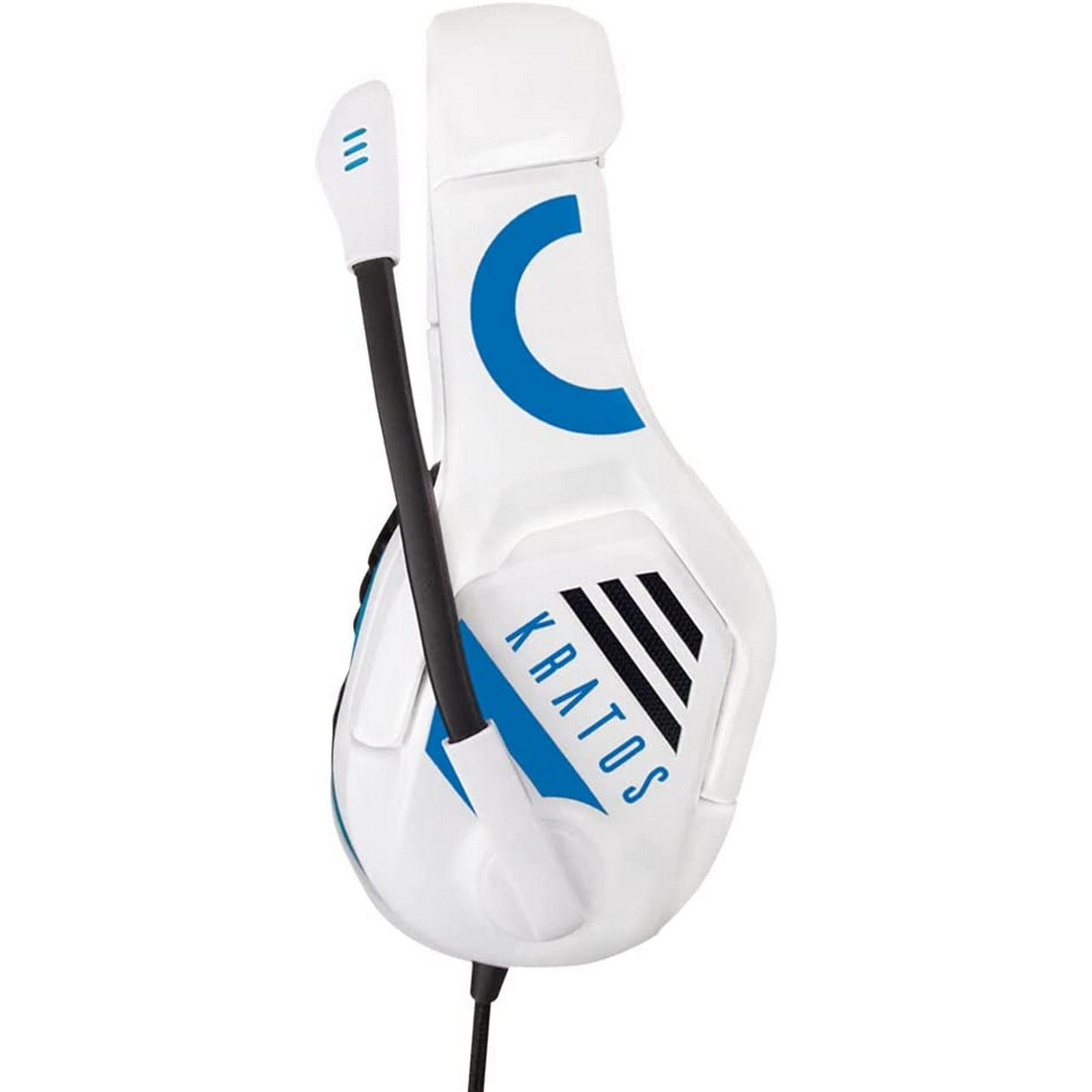 Cuffie bianche con logo blu e microfono, con scritta KRATOS.
