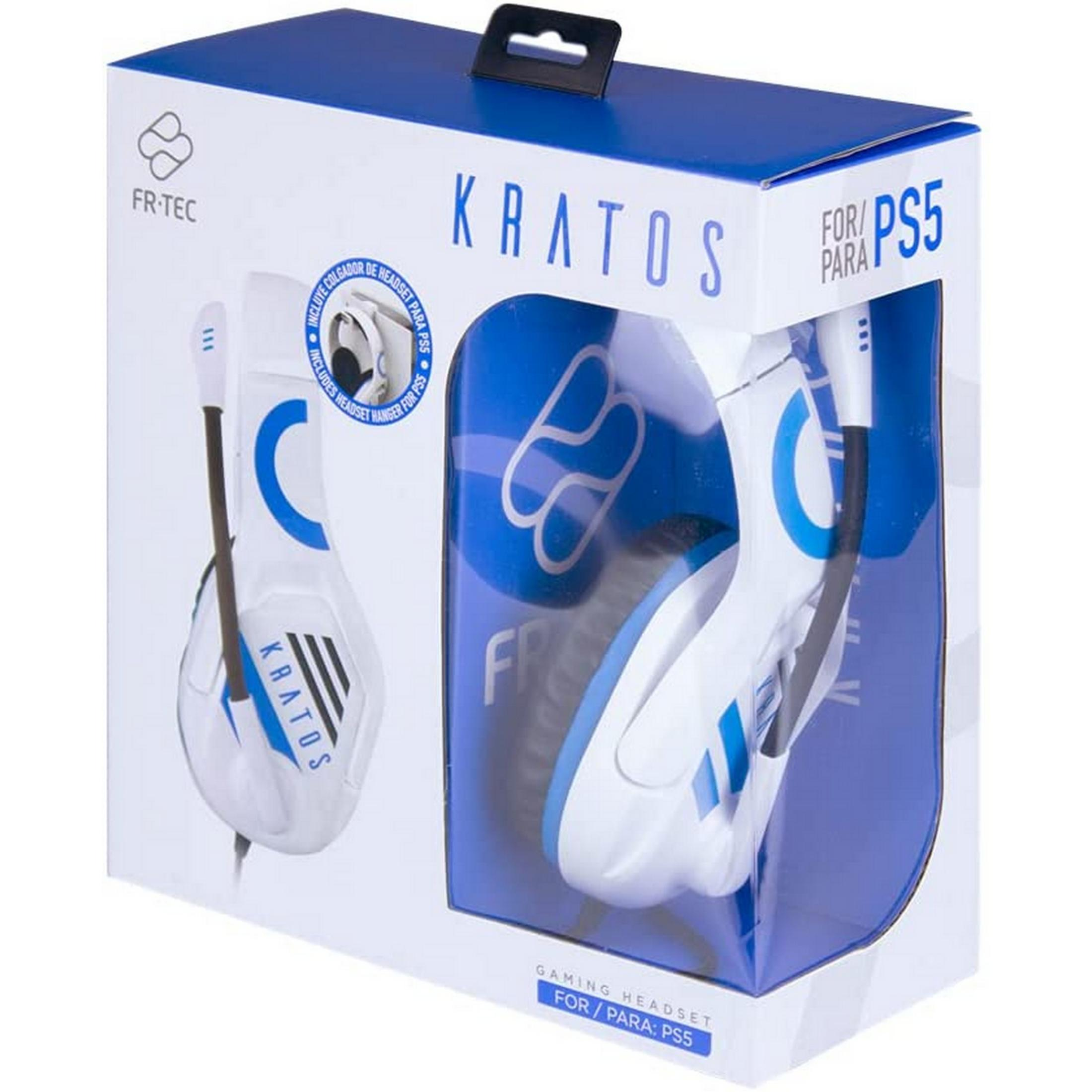 Confezione di un headset da gioco bianco e blu per PS5.
