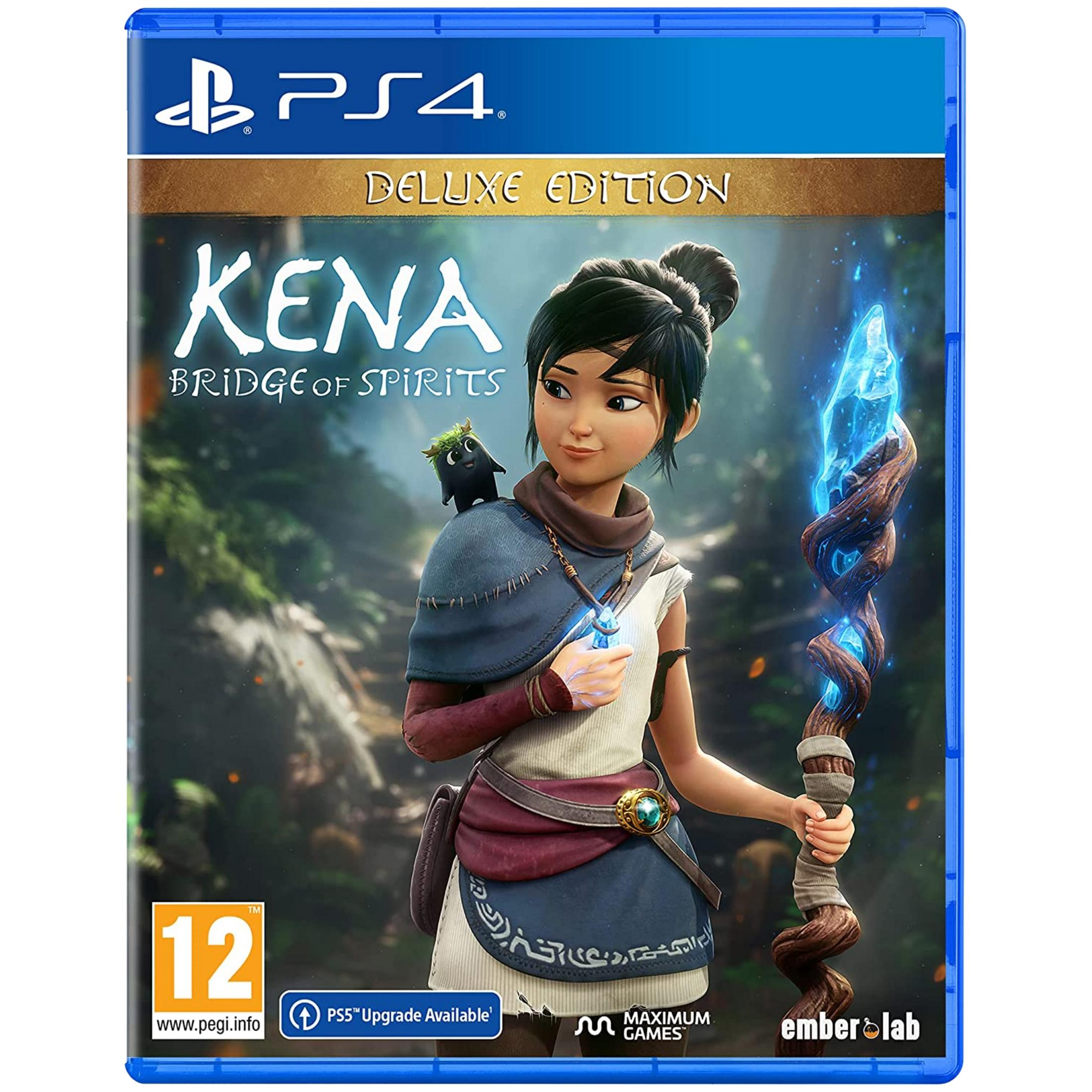 Okładka Kena: Bridge of Spirits Deluxe Edition przedstawia Kenę z duchem na ramieniu.