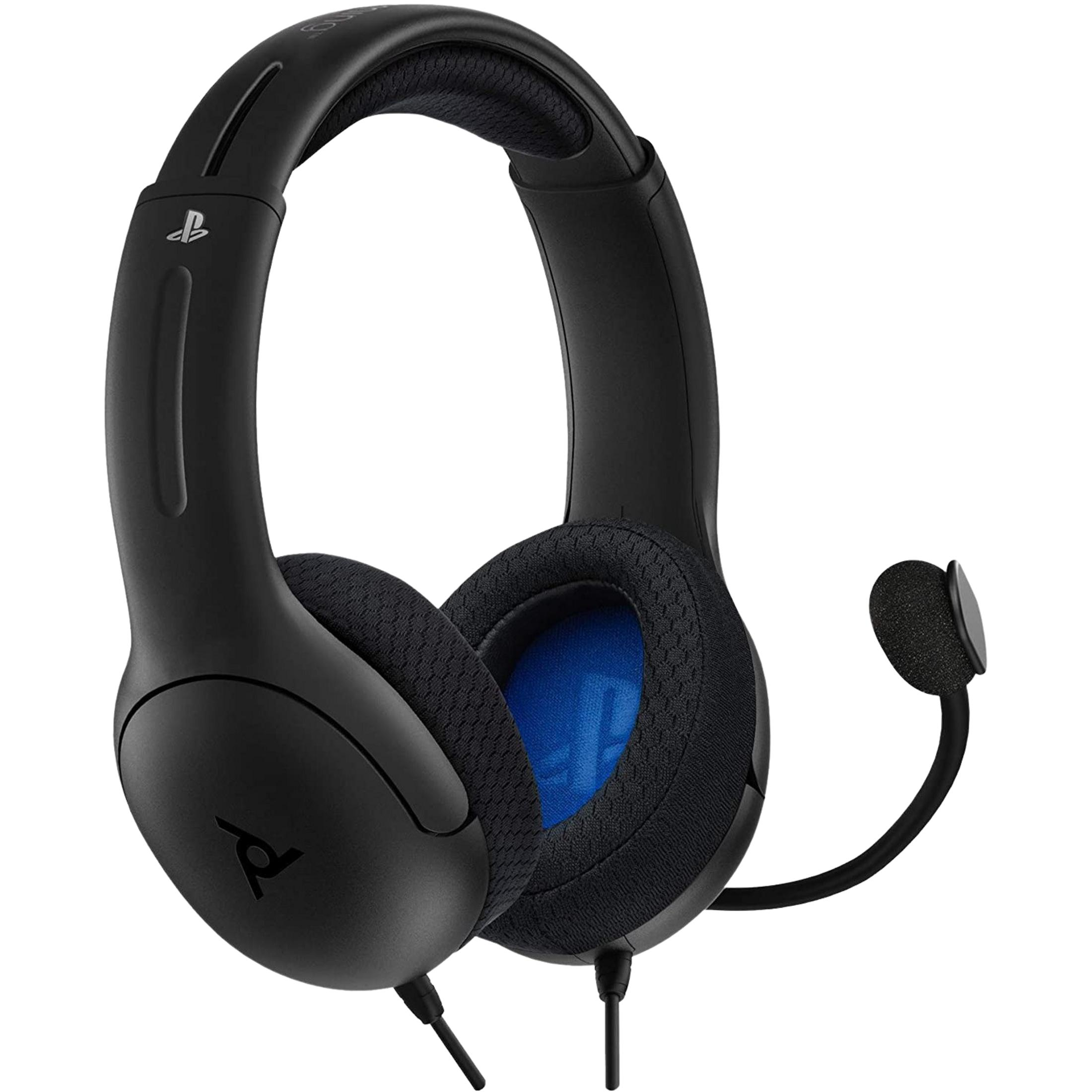 Cuffie da gioco nere con microfono e accento blu.