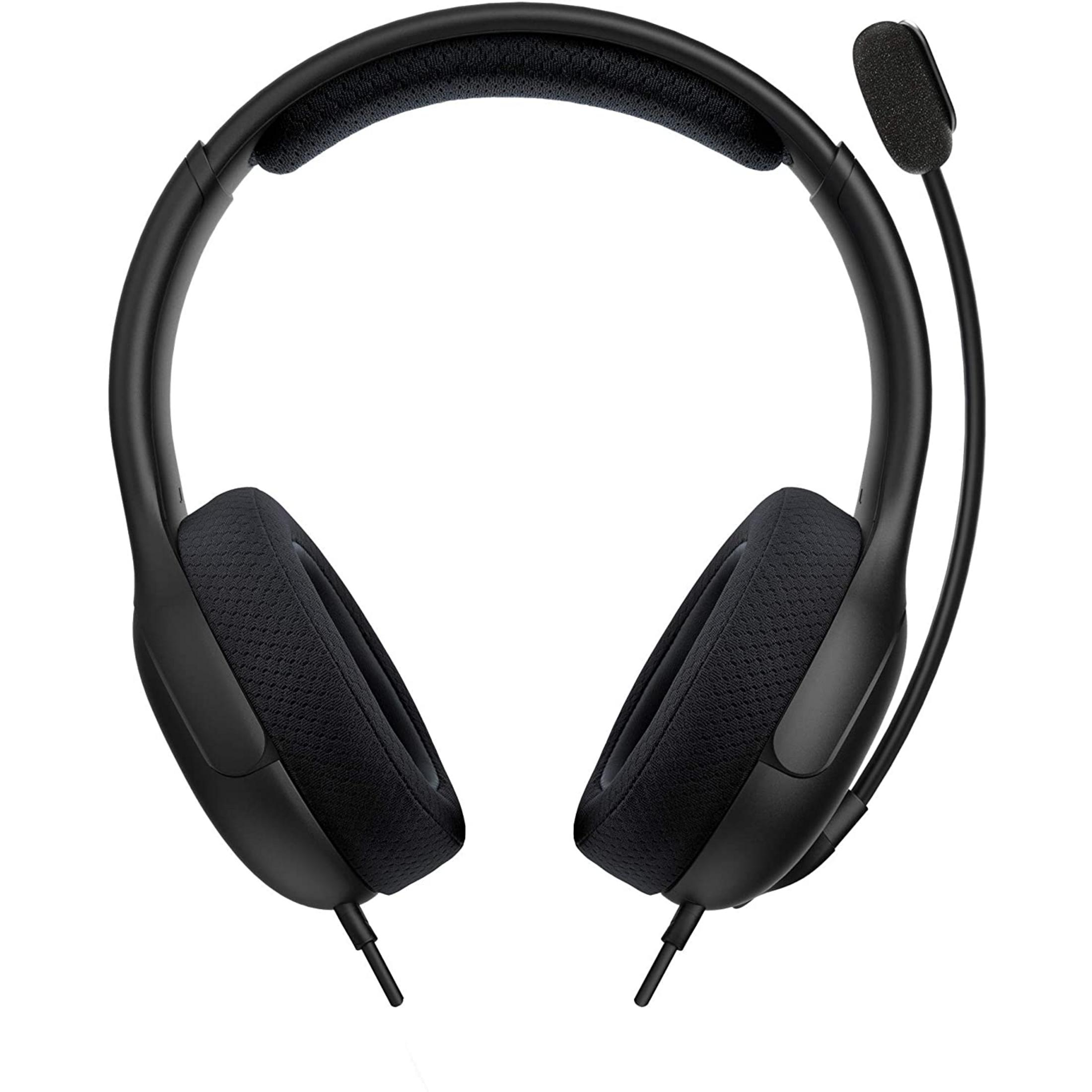 Cuffie da gaming nere con microfono, sfondo bianco.