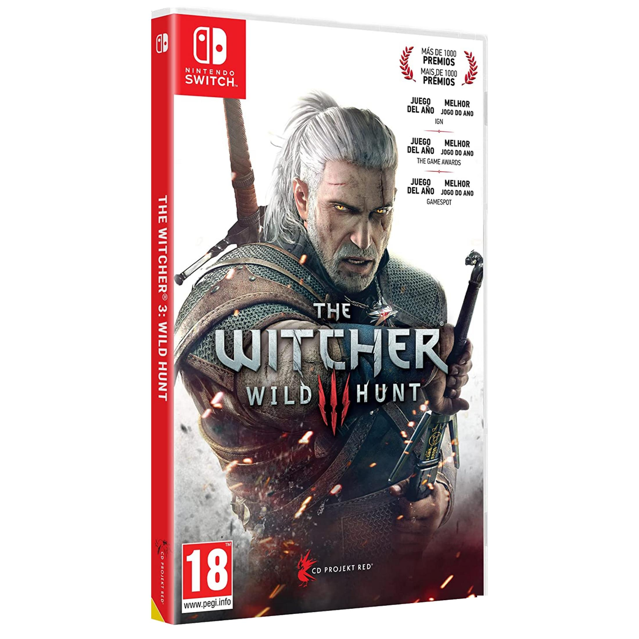 Copertina The Witcher 3: Wild Hunt per Nintendo Switch. Geralt di Rivia con spade.
