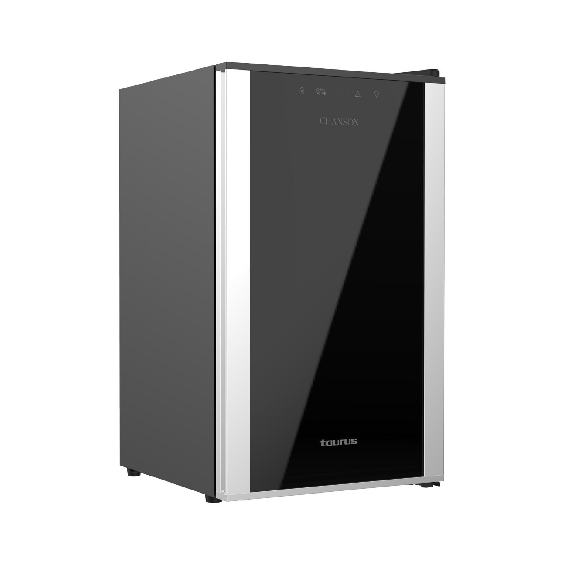 Un refrigeratore nero con finiture argentate e porta nera su sfondo bianco.