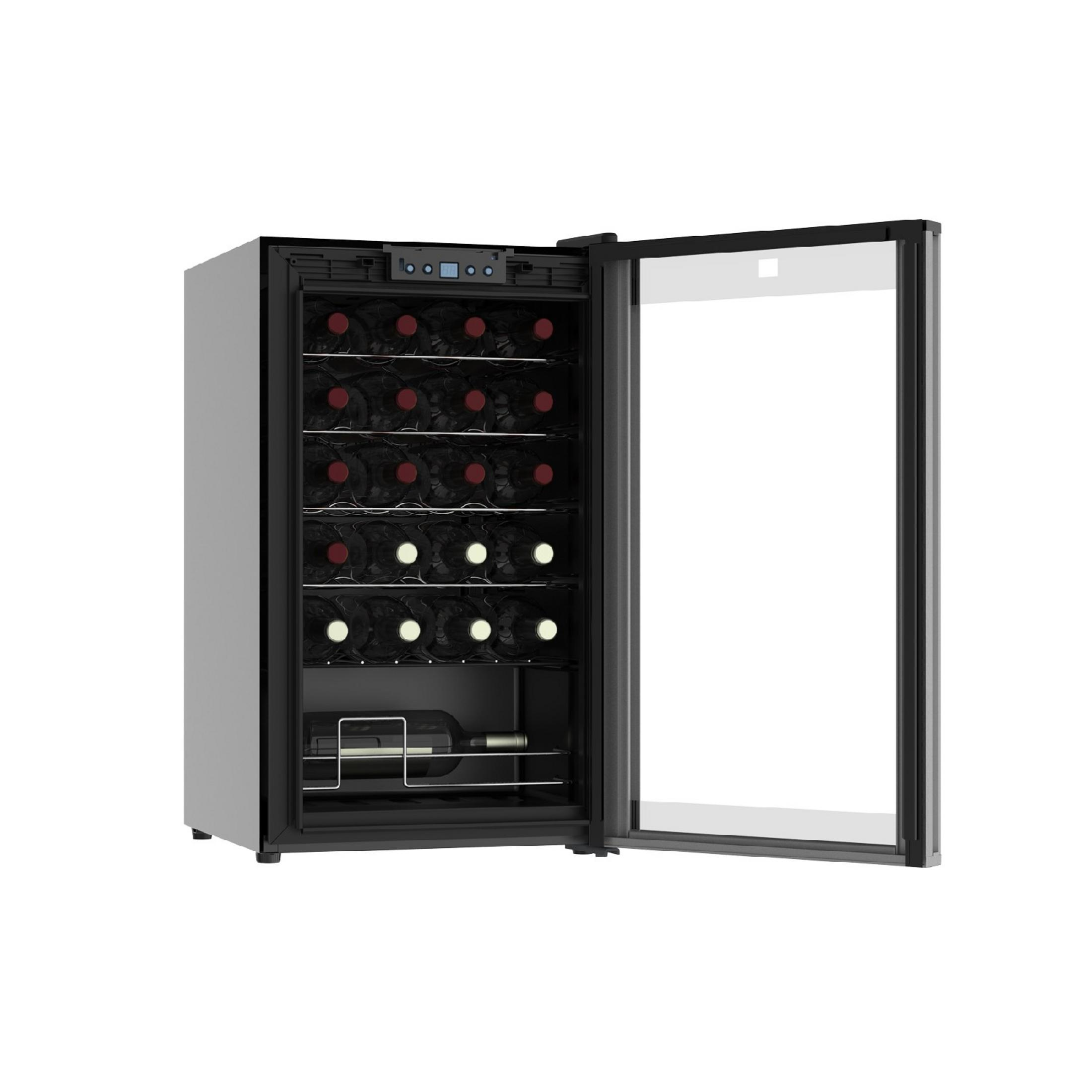 Una cantinetta vino autoportante con porta a vetro, riempita con 15 bottiglie di vino.