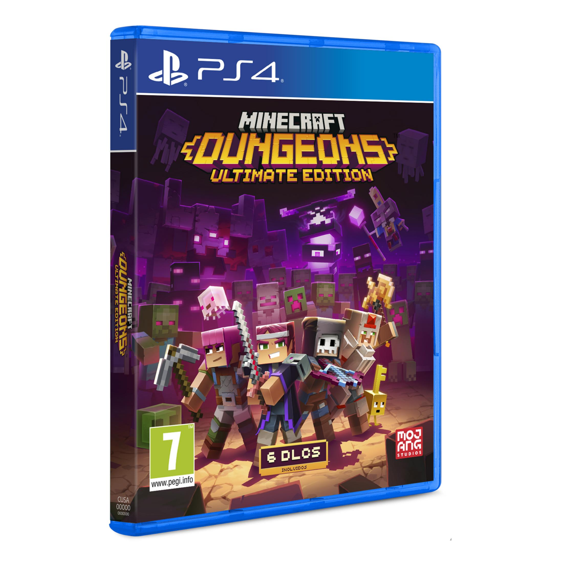 Caja del juego PlayStation 4: Minecraft Dungeons Ultimate Edition con personajes y monstruos.