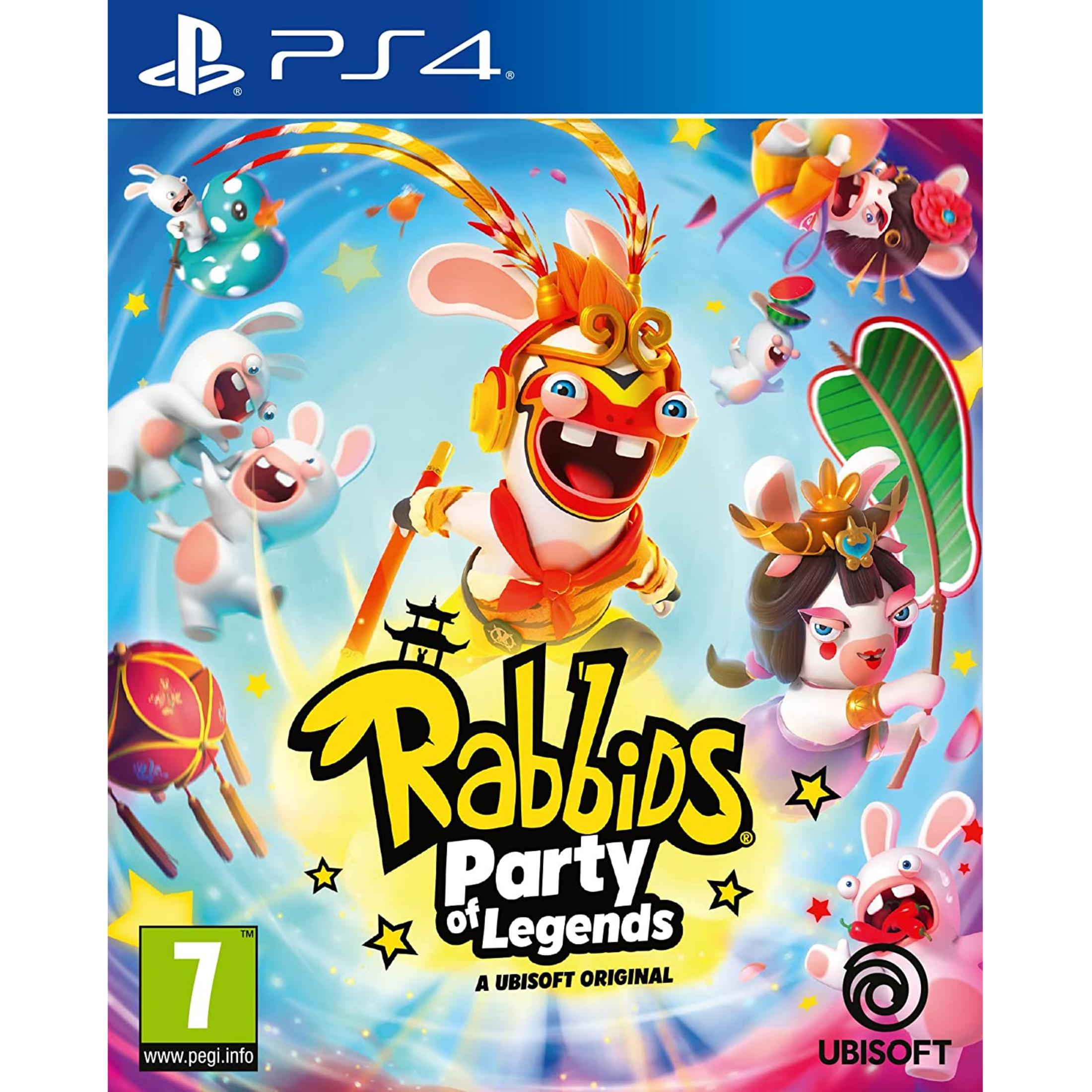 Portada del juego de PlayStation 4: Rabbids Party of Legends. Muchos personajes Rabbids con trajes coloridos.