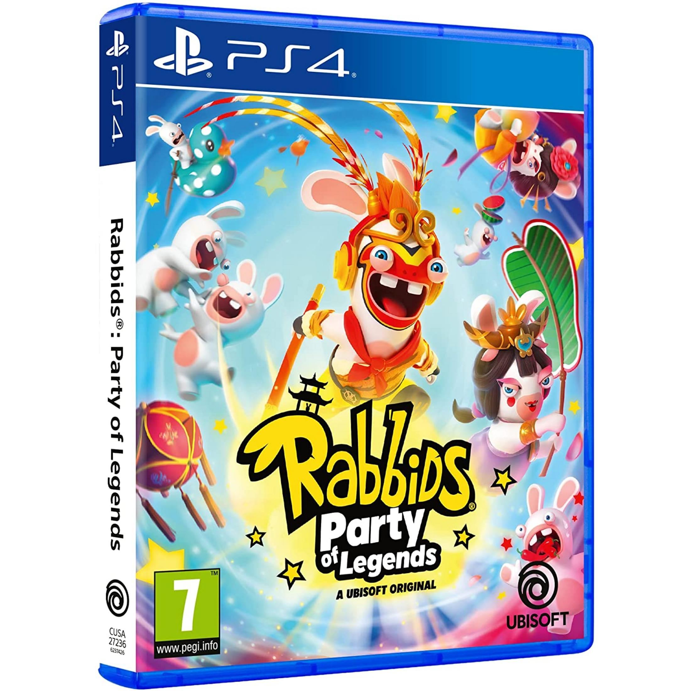 Caja del juego de PS4 Rabbids: Party of Legends con Rabbids coloridos.