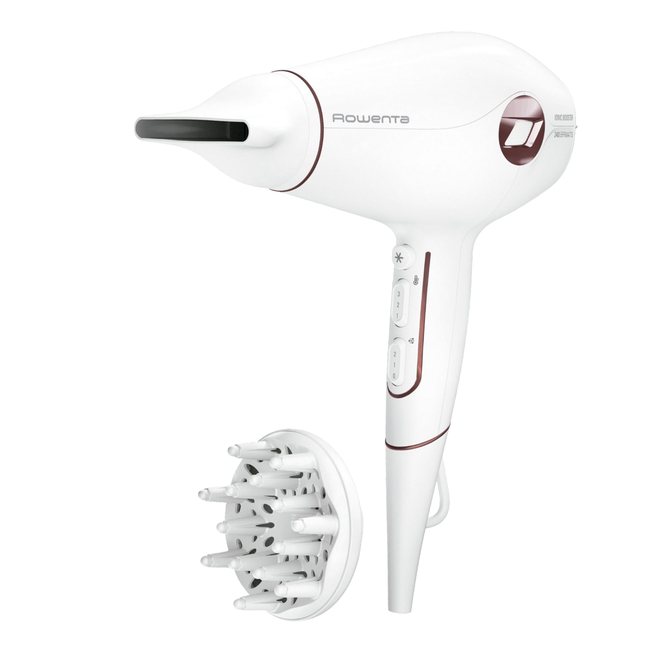 Un asciugacapelli Rowenta bianco con diffusore e accenti rossi.