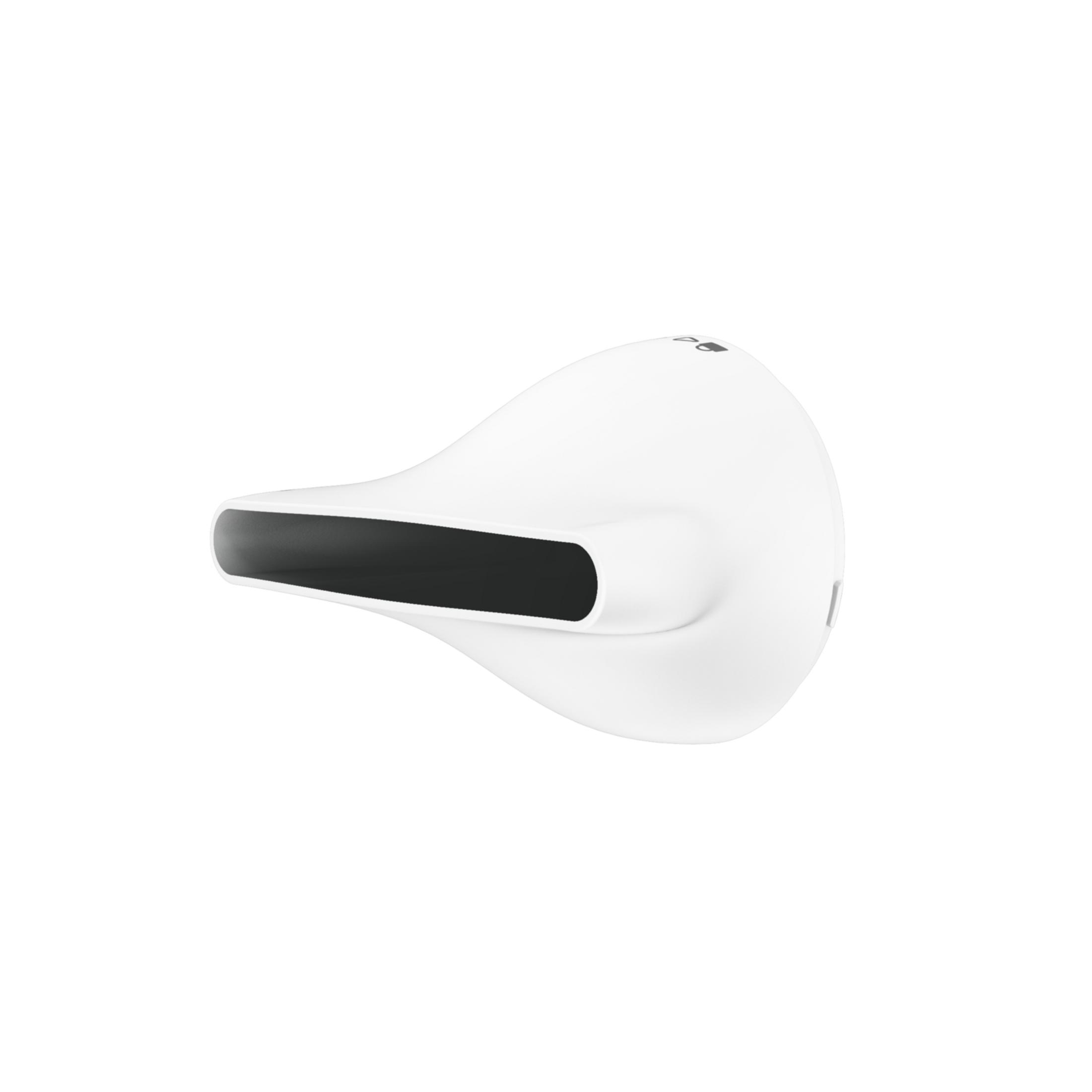 Un dispositivo bianco e futuristico con una fessura nera.