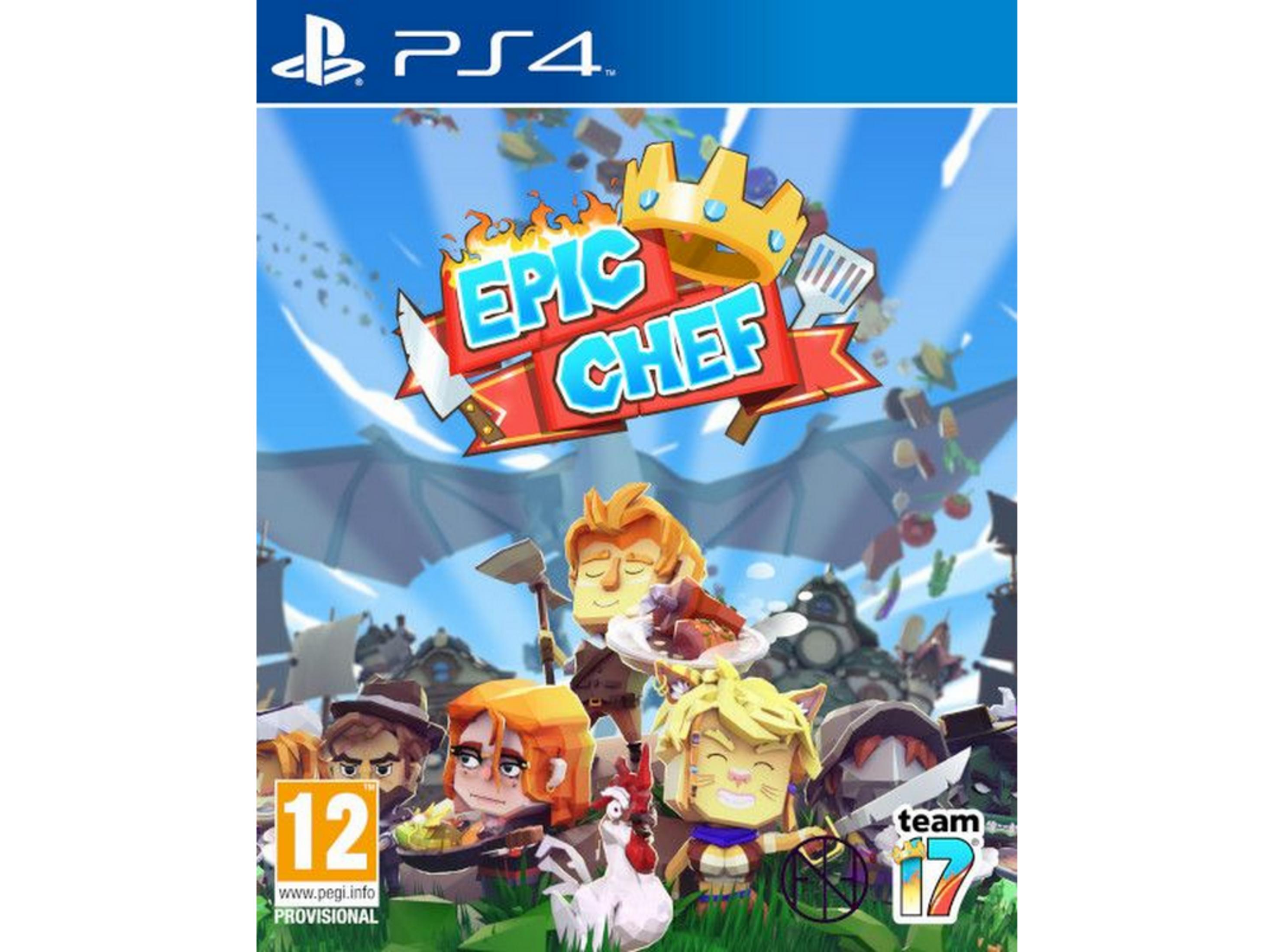 Copertina gioco Epic Chef: chef cartoni, pollo e cibo volano in cielo blu.
