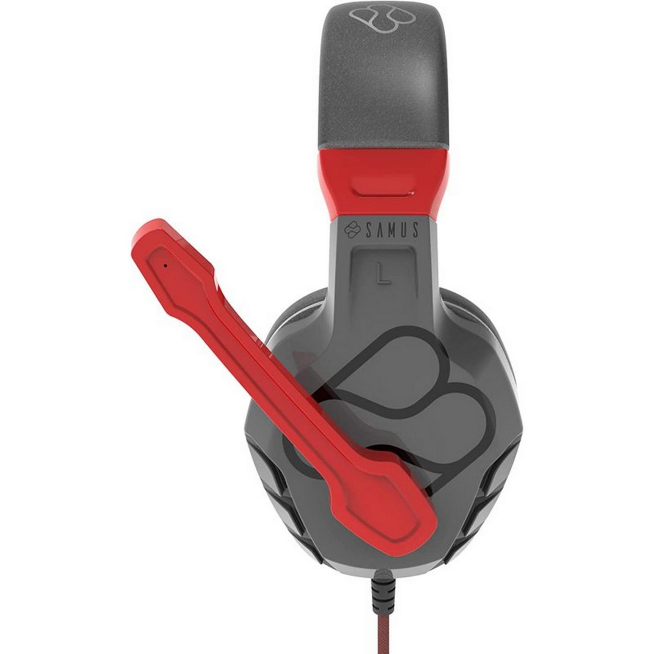 Cuffie grigie con microfono rosso e logo Samus. Marchio lato sinistro.