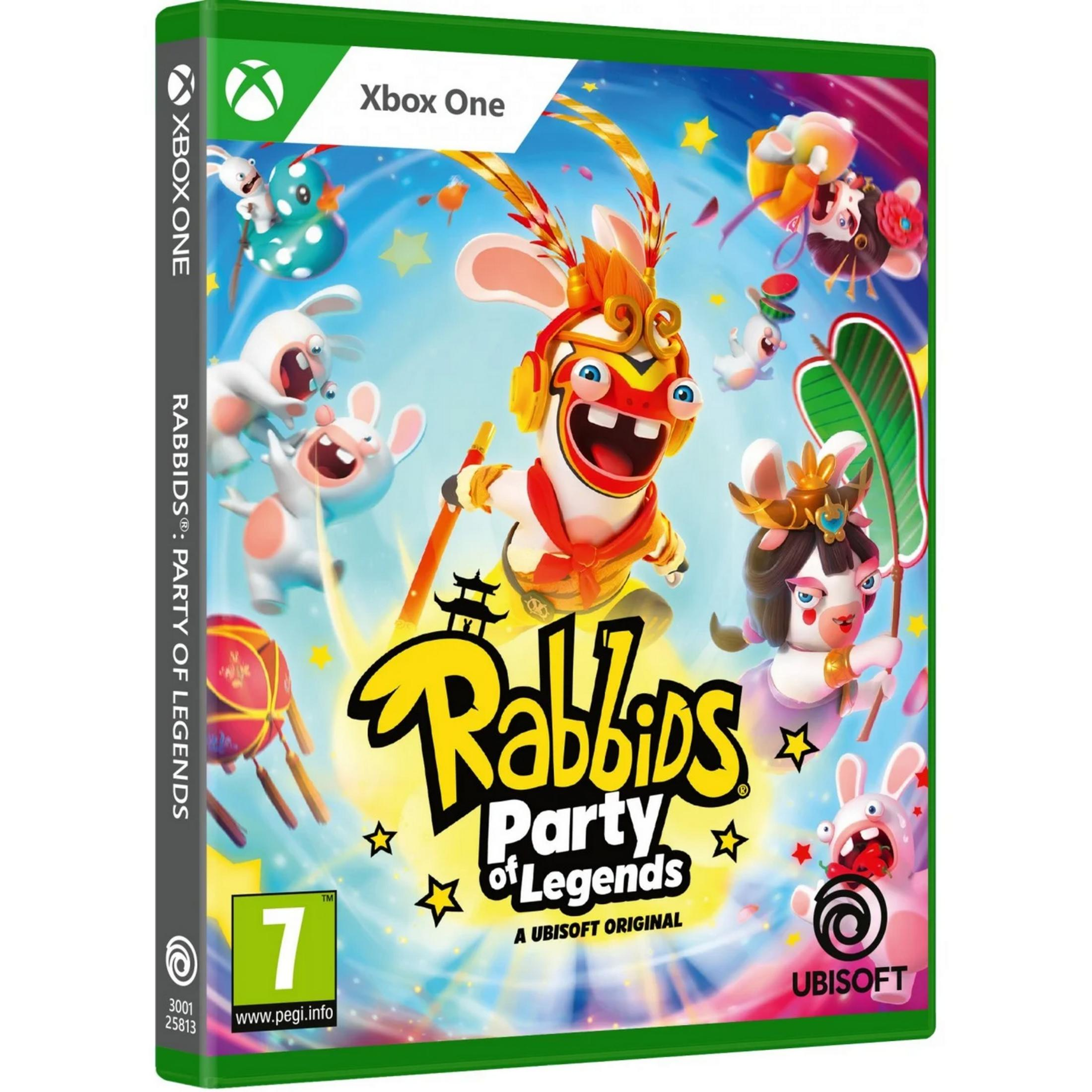 Portada del juego Xbox One: Rabbids Party of Legends con Rabbids alegres y elementos coloridos.