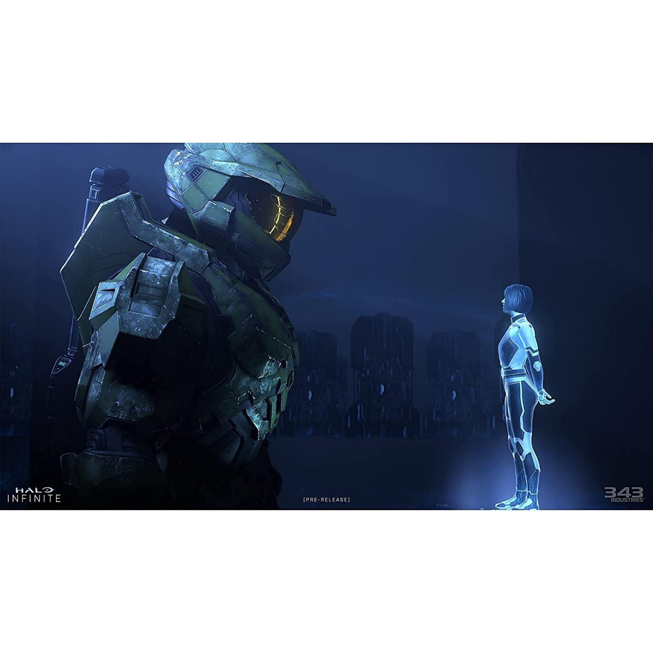 Uno Spartan verde in armatura sta a sinistra, un'IA blu a destra.