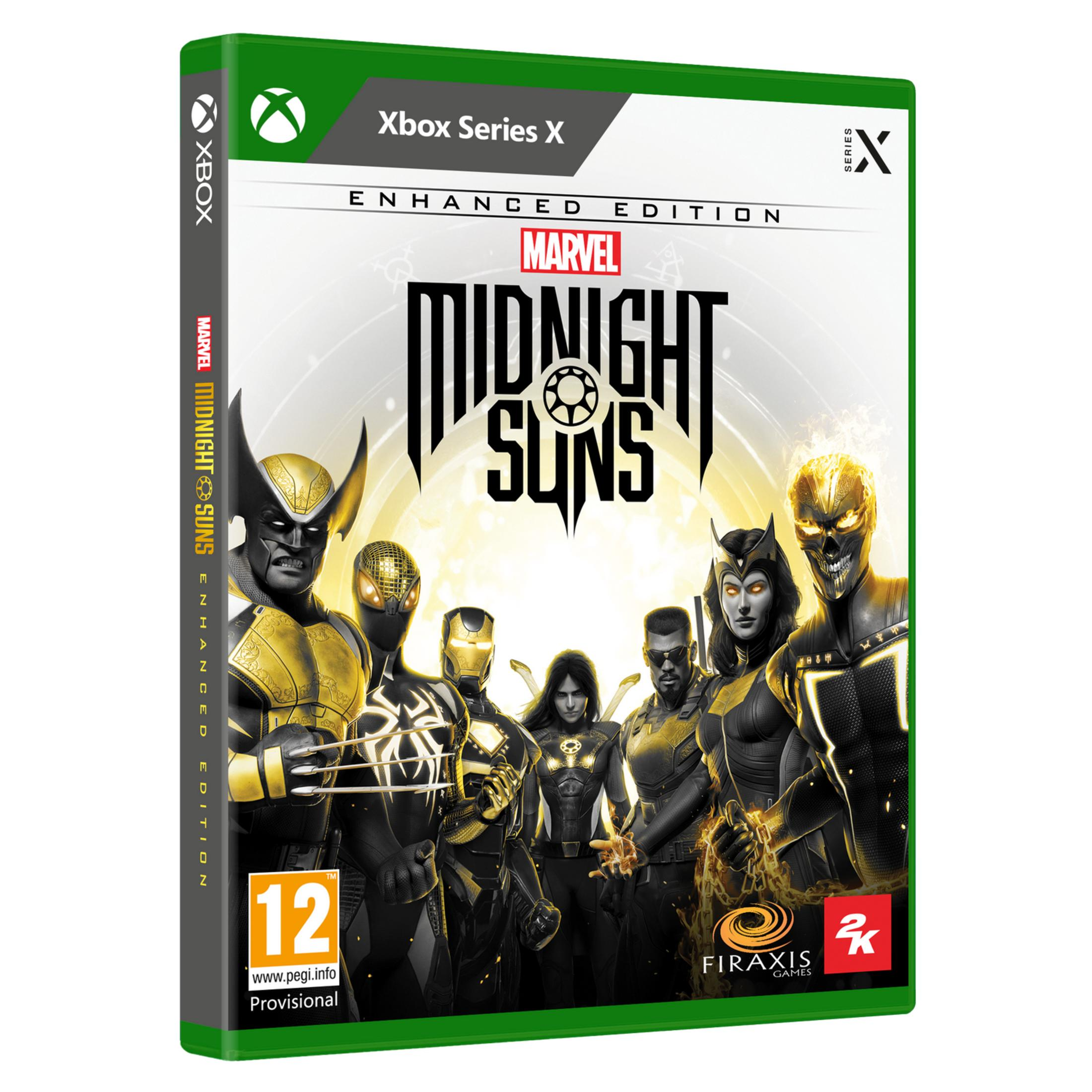 Caja de juego Xbox Series X con superhéroes de Marvel en dorado y negro.