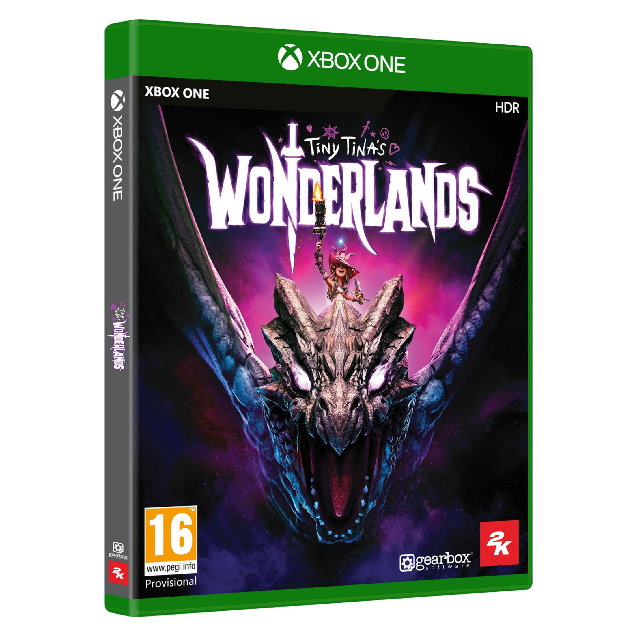 Caja de juego Xbox One: Tiny Tina's Wonderlands con dragón y personaje.