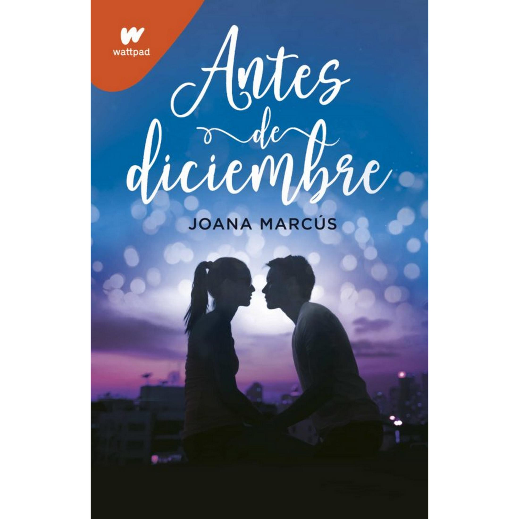 Una pareja se mira al atardecer, luces al fondo, título del libro arriba.