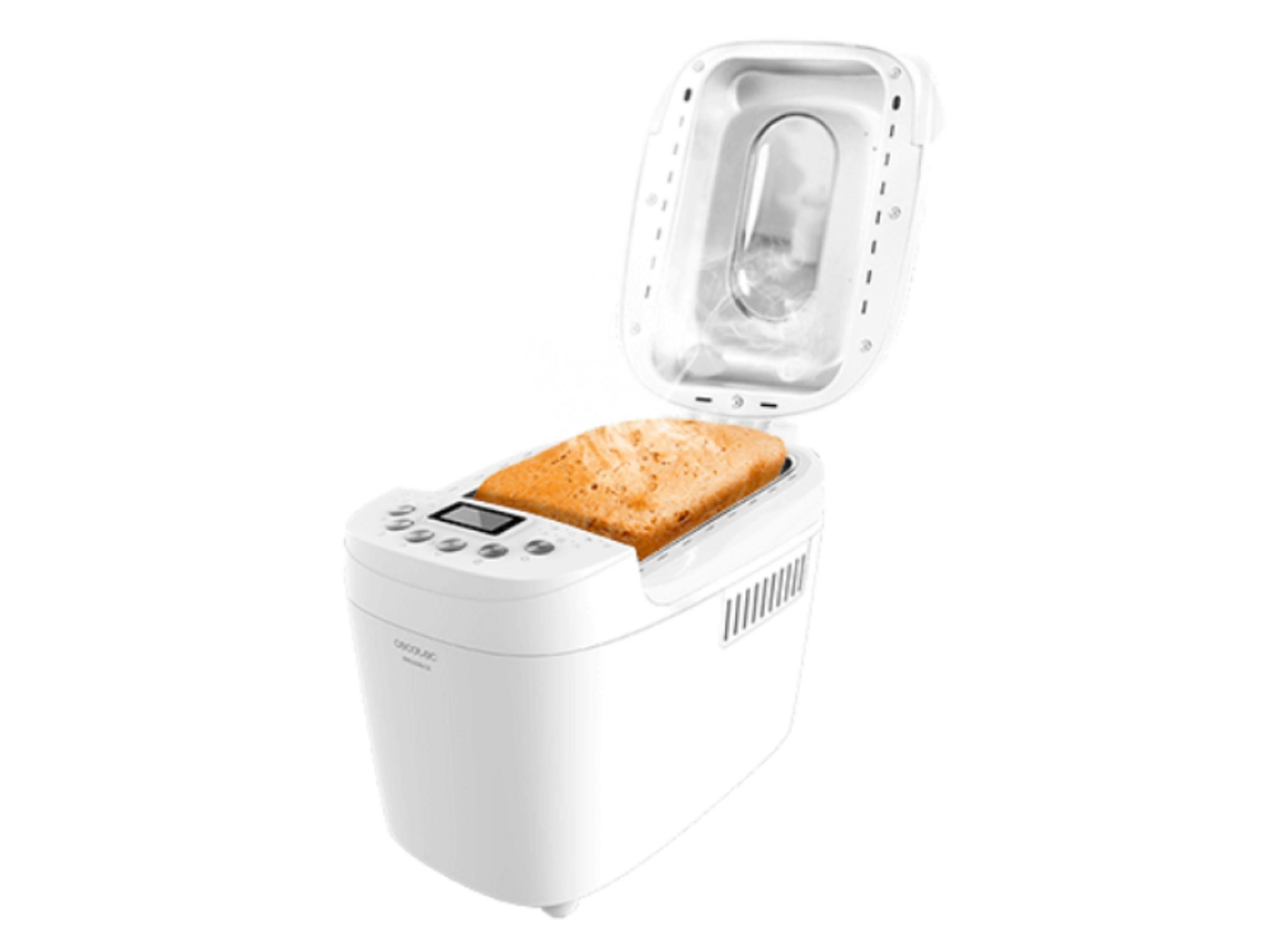 Ein weißer Brotbackautomat mit geöffnetem Deckel und einem gebackenen Brot darin.