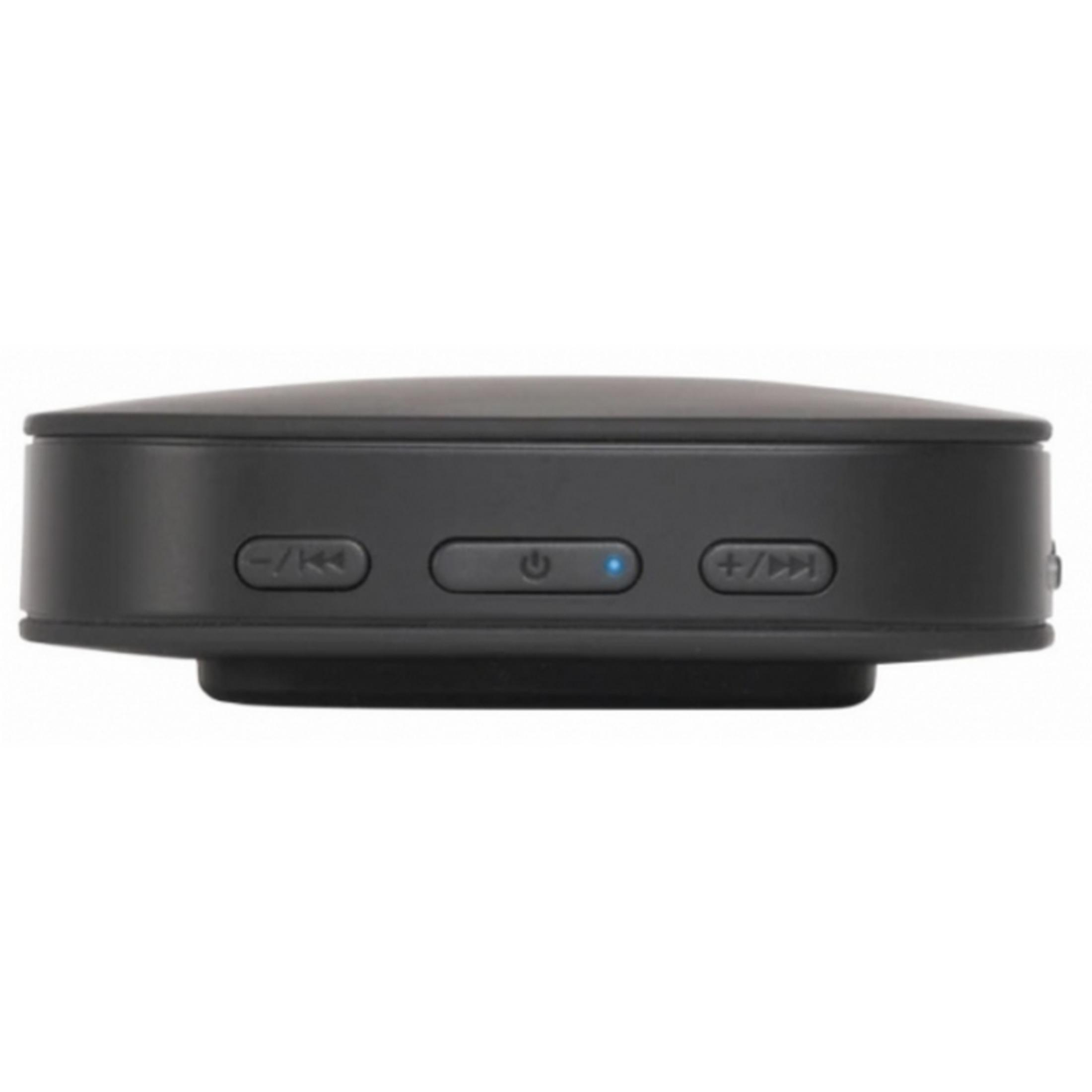 Dispositivo negro con botones de reproducción, volumen y encendido.