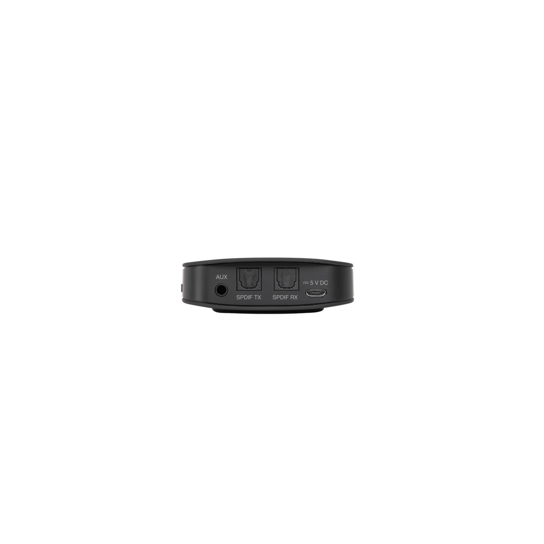 Un transmisor de audio negro con puertos: AUX, SPDIF TX, SPDIF RX, 5V DC.
