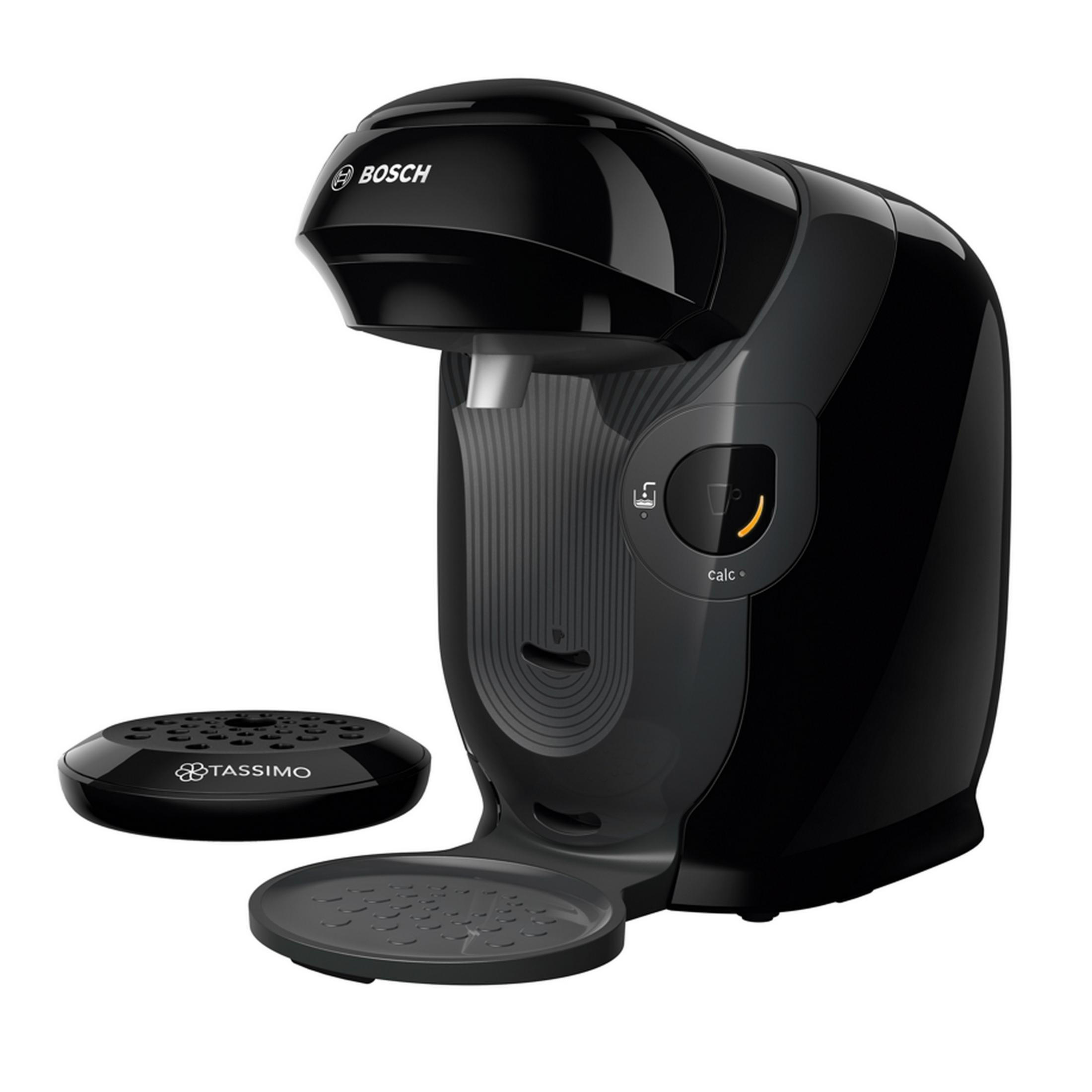 Cafetera Bosch Tassimo negra con bandeja de goteo y portacápsulas.