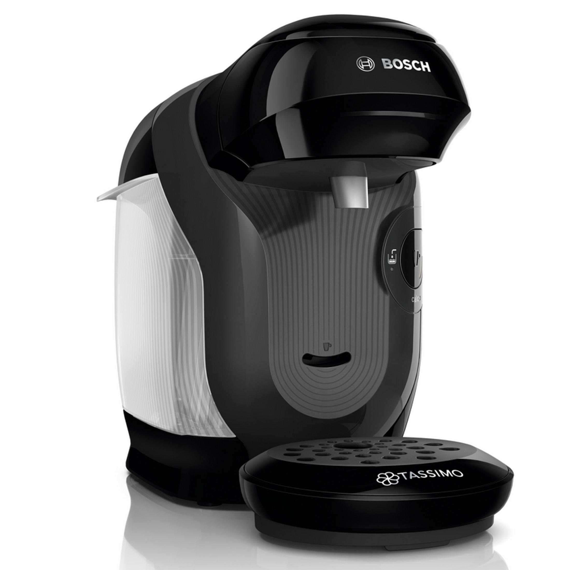 Cafetera Tassimo negra con logo Bosch y letrero Tassimo.