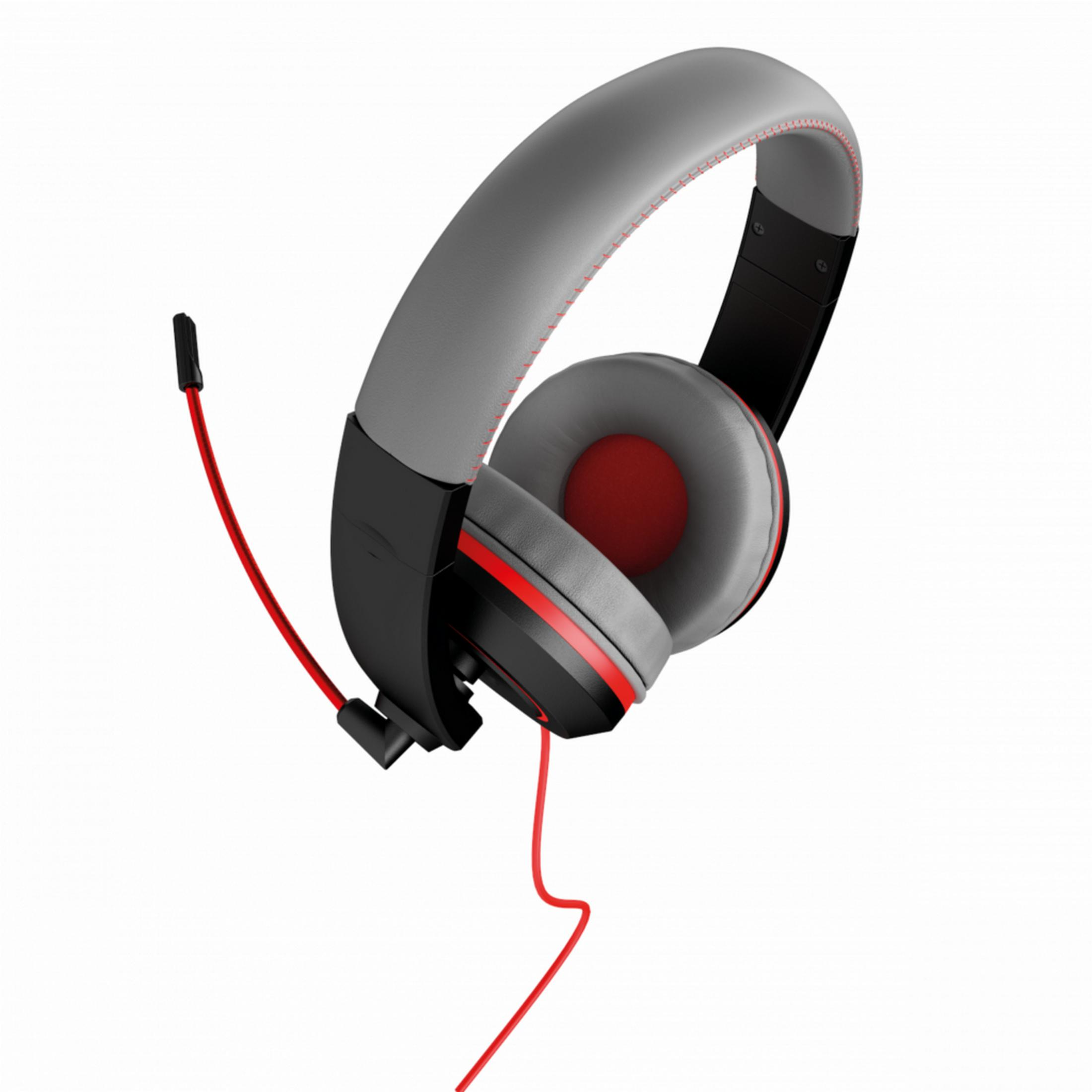 Auriculares grises con micrófono y cable rojo sobre fondo blanco.