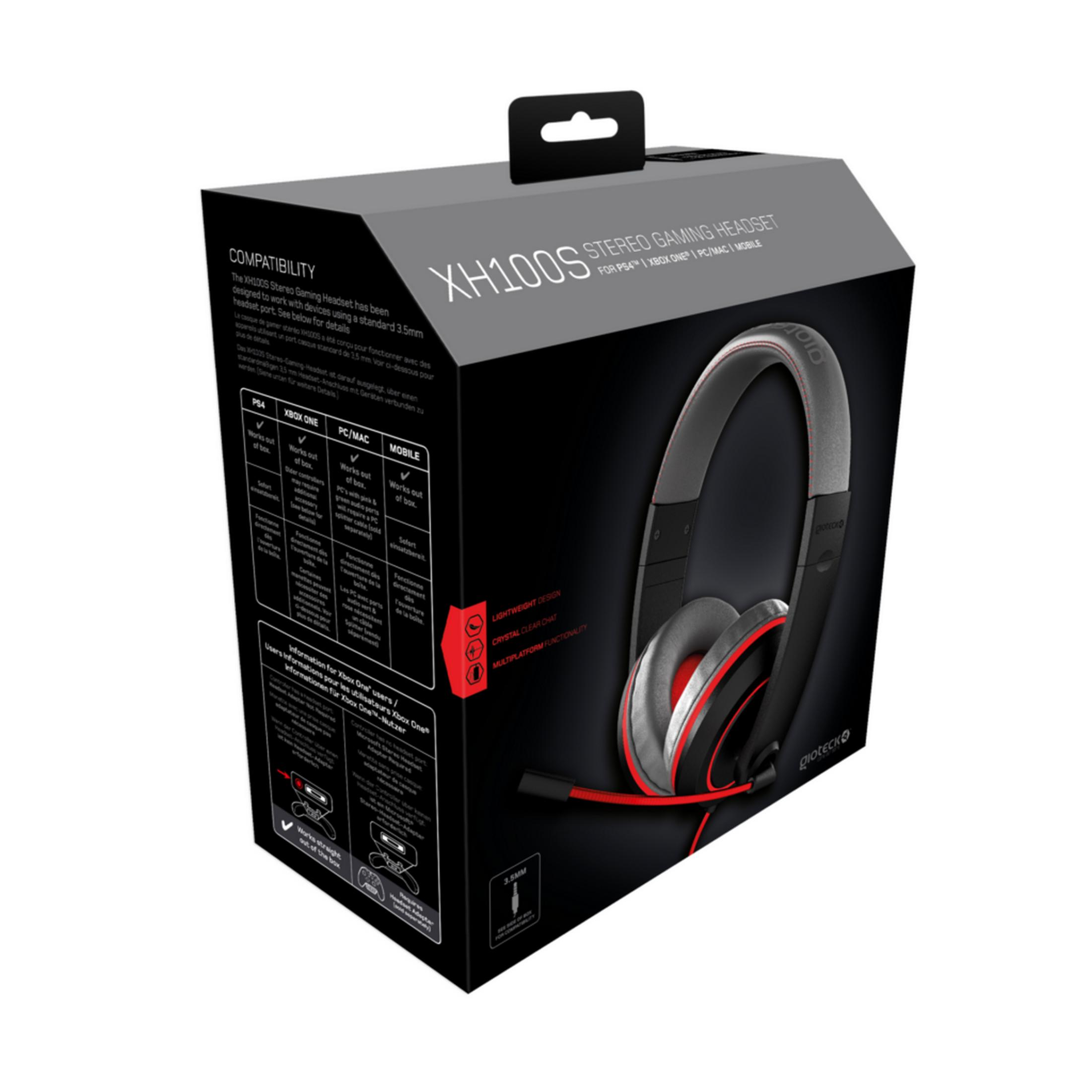 Caja de unos auriculares gaming negros con detalles rojos e información del producto.
