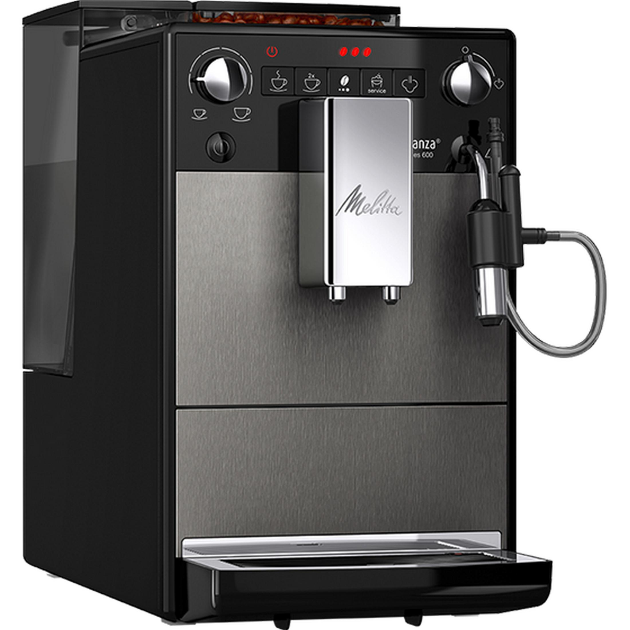 Una cafetera negra con detalles plateados y un vaporizador de leche.
