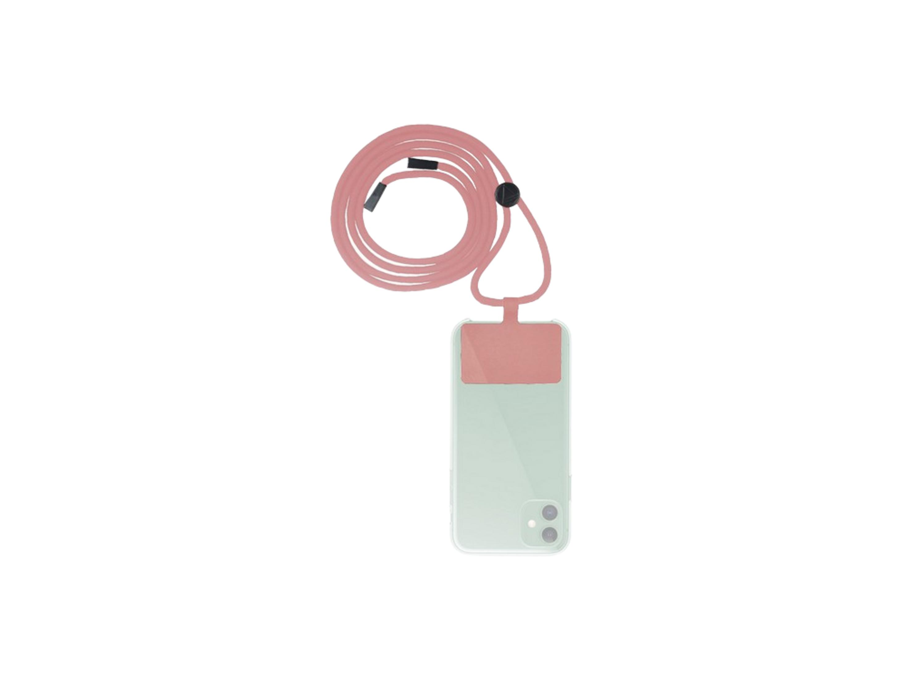Un teléfono verde claro con correa y funda rosa.