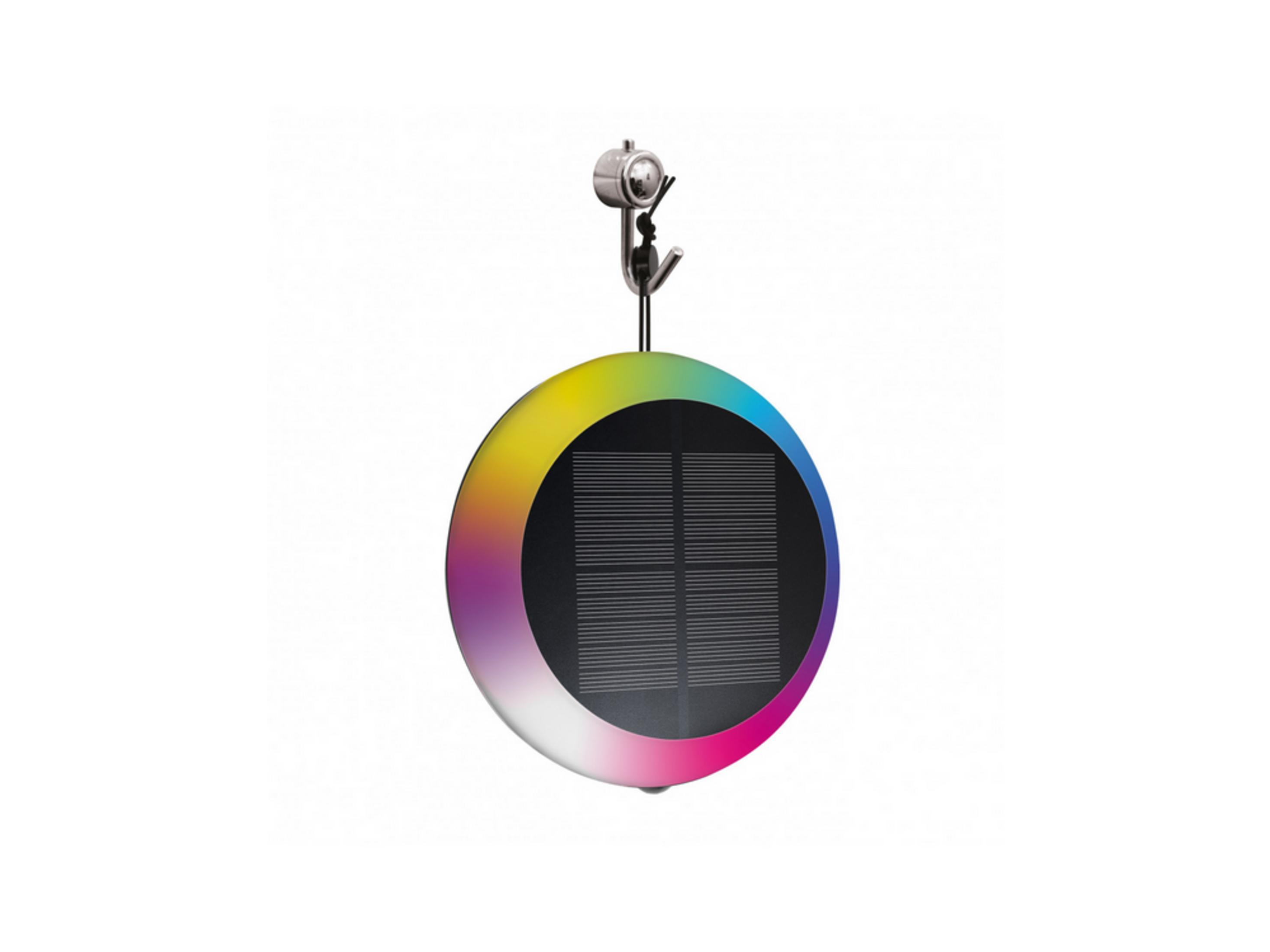 Luce solare rotonda con gradiente di colore e pannello solare, appesa a un gancio.
