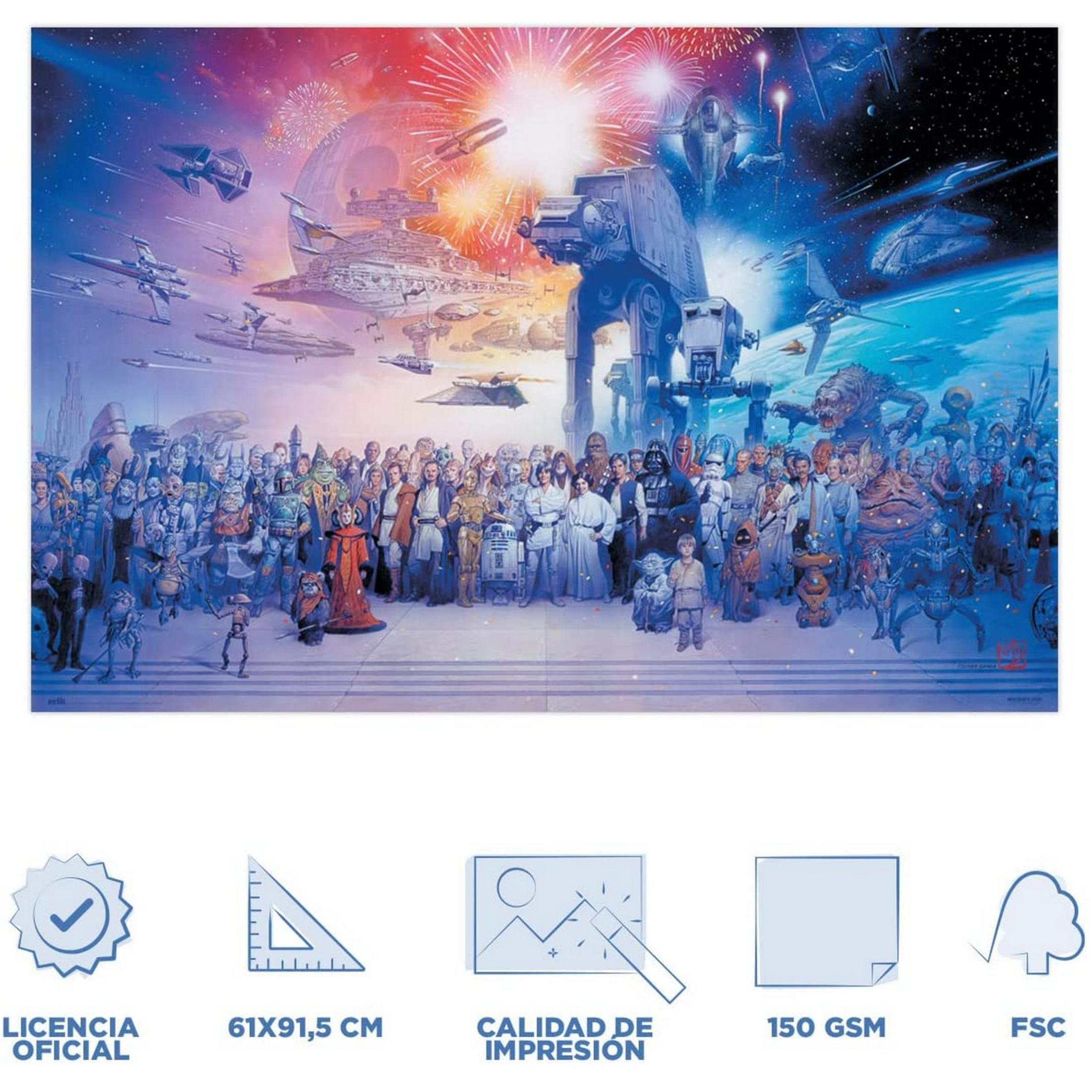 Personajes y naves de Star Wars frente a fuegos artificiales y cielo estrellado.