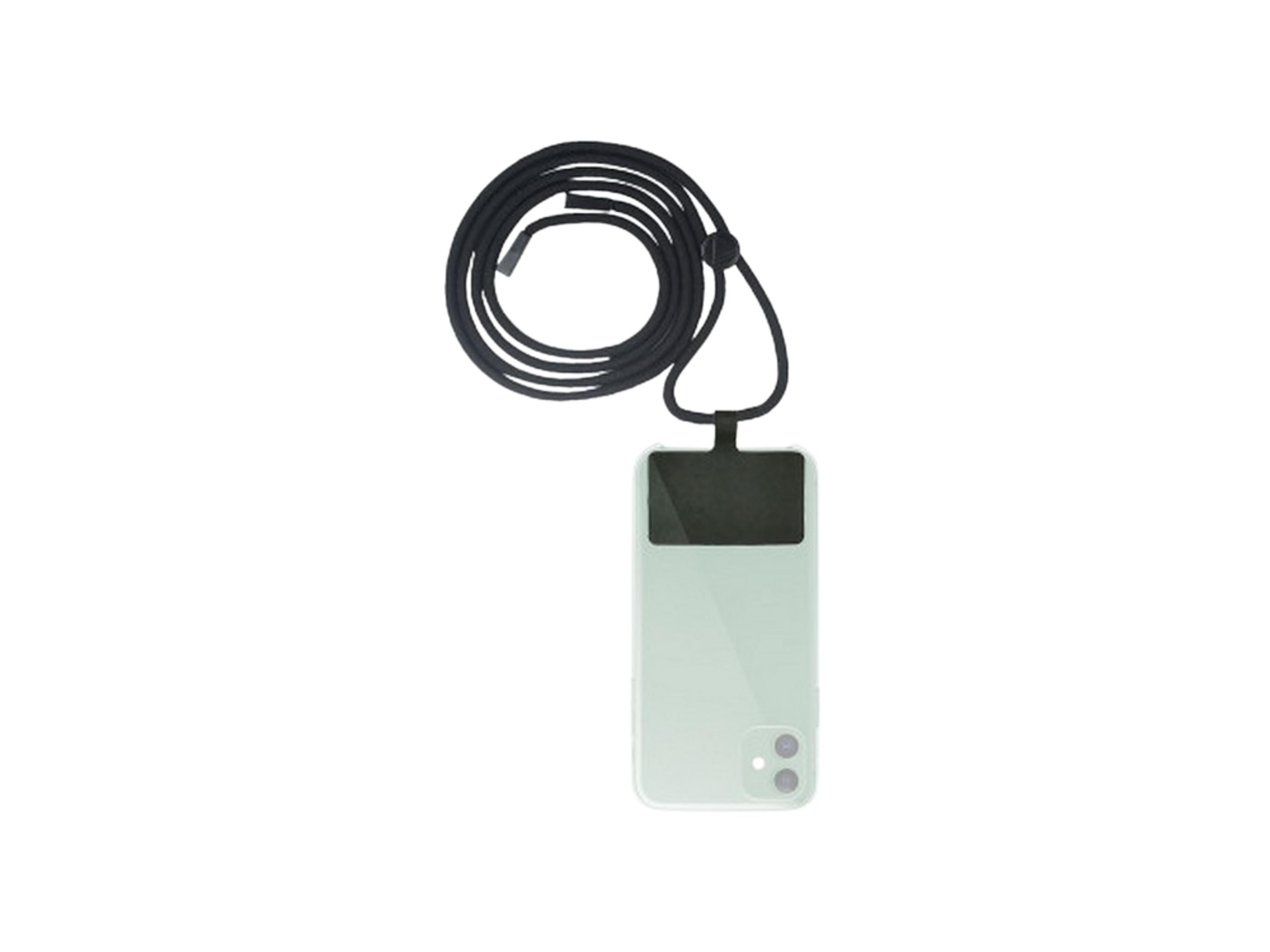 Un teléfono verde claro con cordón negro sobre fondo blanco.
