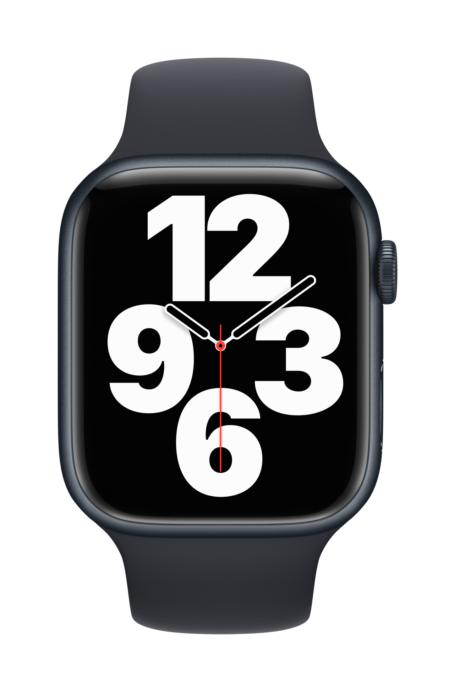 Uno smartwatch grigio scuro con schermo nero che mostra grandi numeri bianchi 12, 9, 3 e 6.
